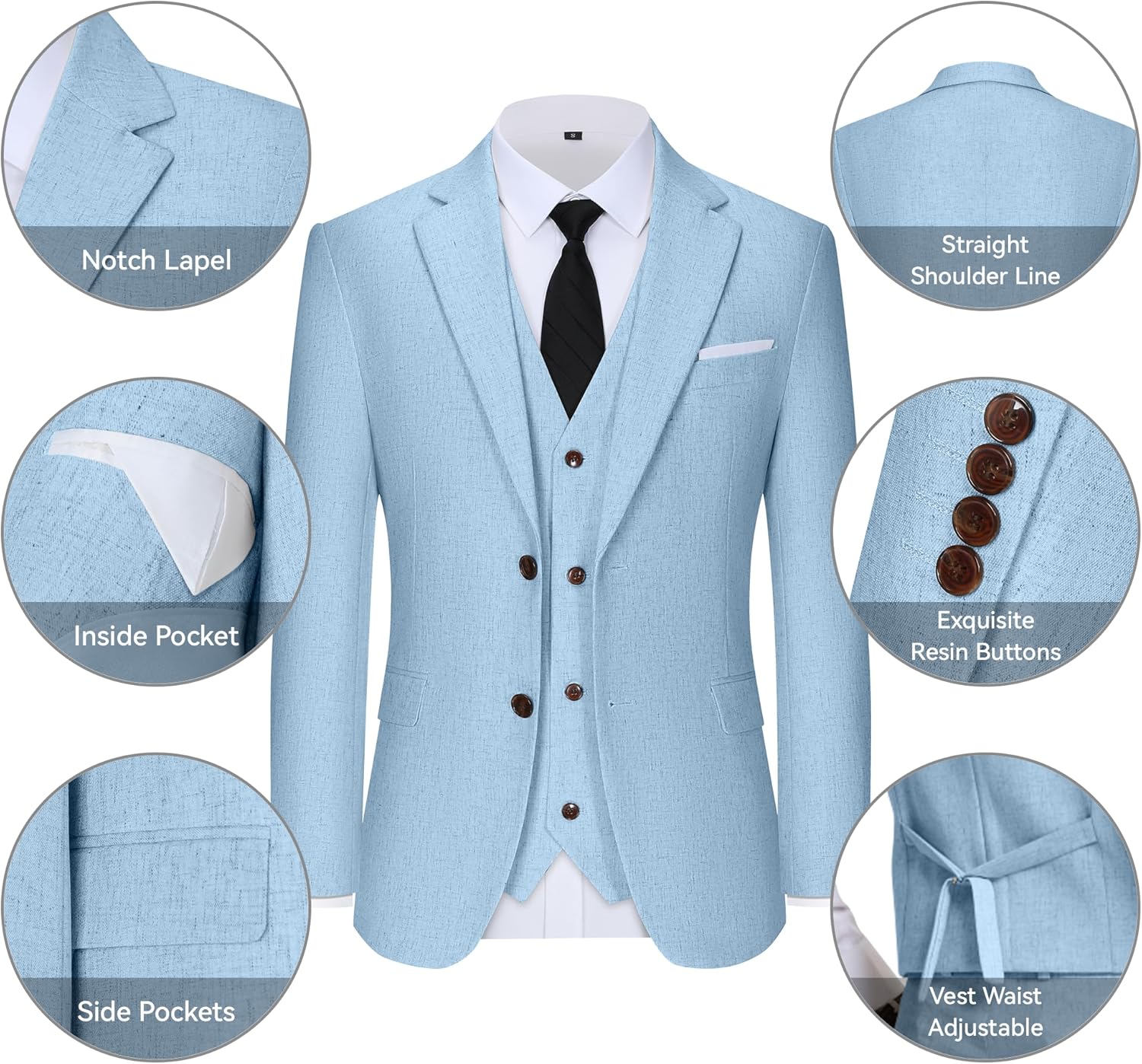 Men Linen Suit 3 Piece Casual Suits Slim Fit Summer Wedding Suits Lightweight Blazer Vest Pants Set for Prom Tuxedo