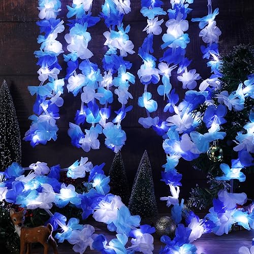 Miniatura 7 de Sherr 48 piezas de collar de Leis hawaiano con luces LED, collares de flores Luau para máscaras, playa, boda, suministros de fiesta temática