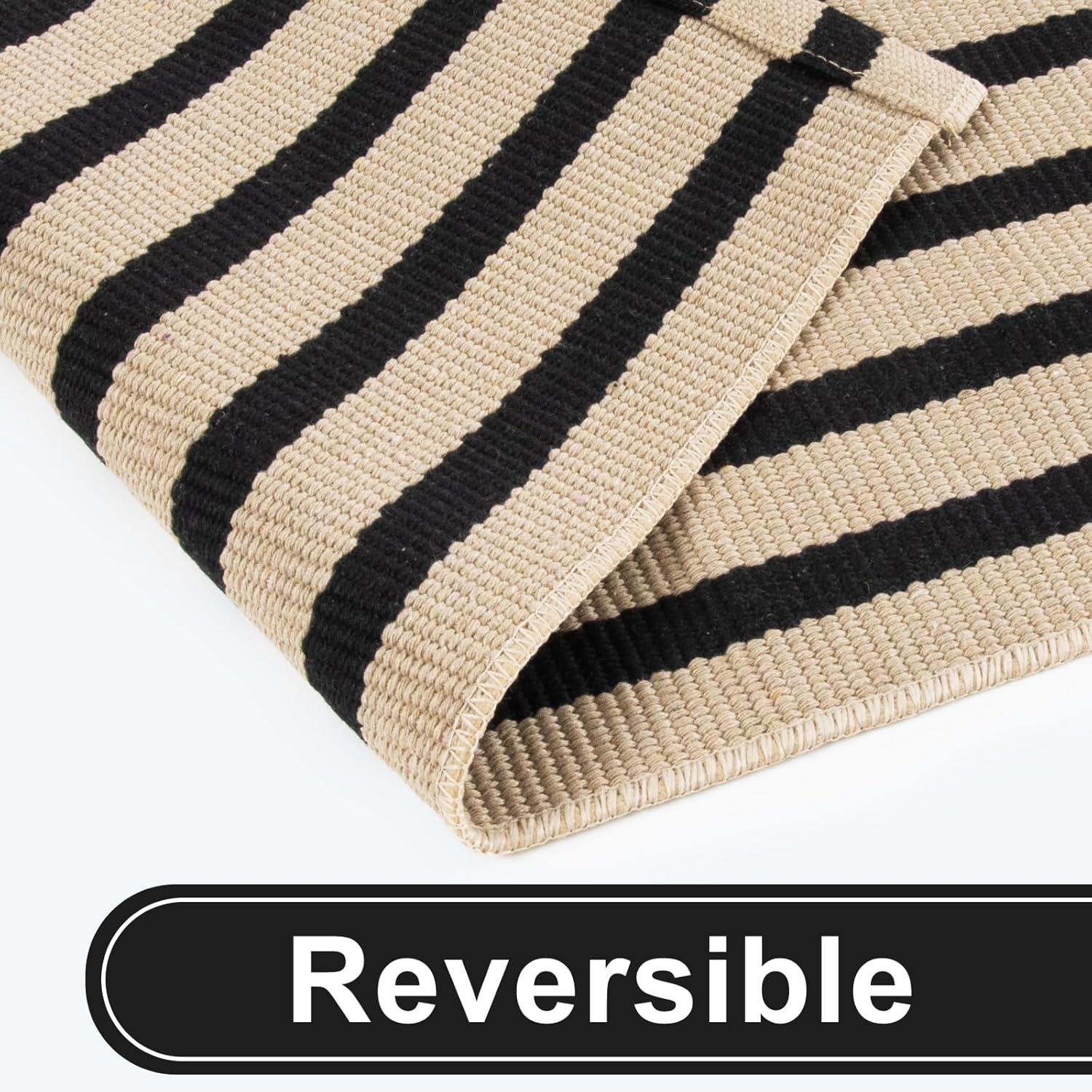 KIMODE Black and Khaki Striped Outdoor Rug 3'x 5', Washable Reversible Striped Outdoor Patio Rugs, Cotton Hand-Woven Farmhouse Welcome Layered Door Mats for Front Door, Entryway, Porch Decor