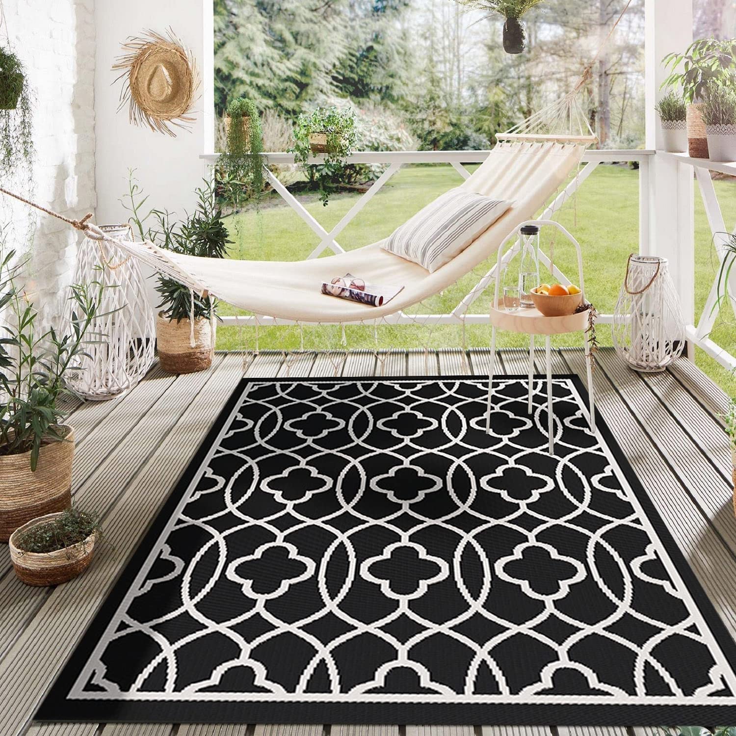 Tfgajkkkkk Black/White And Reversible Outdoor Rug 5X7ft/150X210cm Large Area Carpet Lightweight Large Waterproof Plastic Straw Outdoor Mat Non-Slip Carpet Floor Mat For Outdoor/Indoor Use A