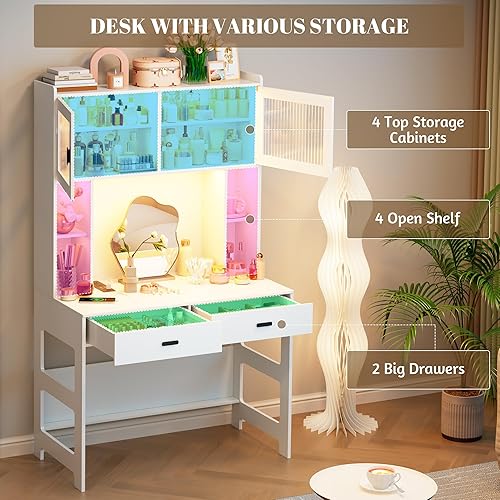 Miniatura 4 de Vlsrka Escritorio de oficina en casa con gabinete y cajones, escritorio de computadora de 40 pulgadas con estantes de almacenamiento y luces LED,