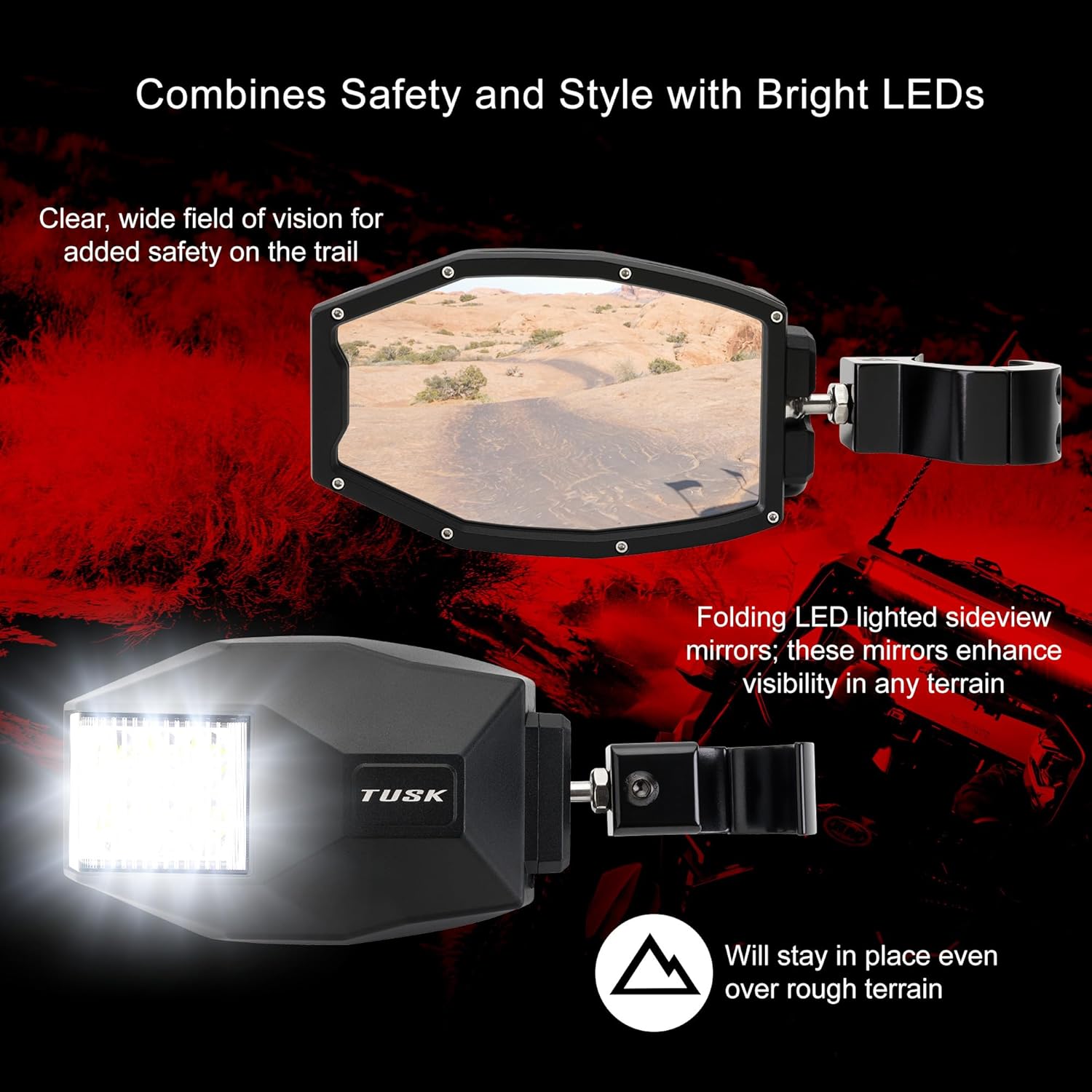 Tusk UTV LED Side View Lighted Aluminum Mirrors. Compatible with Can-Am Maverick R/R Max/ X3 Compatible with Honda Pioneer/-5 1000 2016-2025/Compatible with Polaris RZR XP/XP4 1000 2014-2022