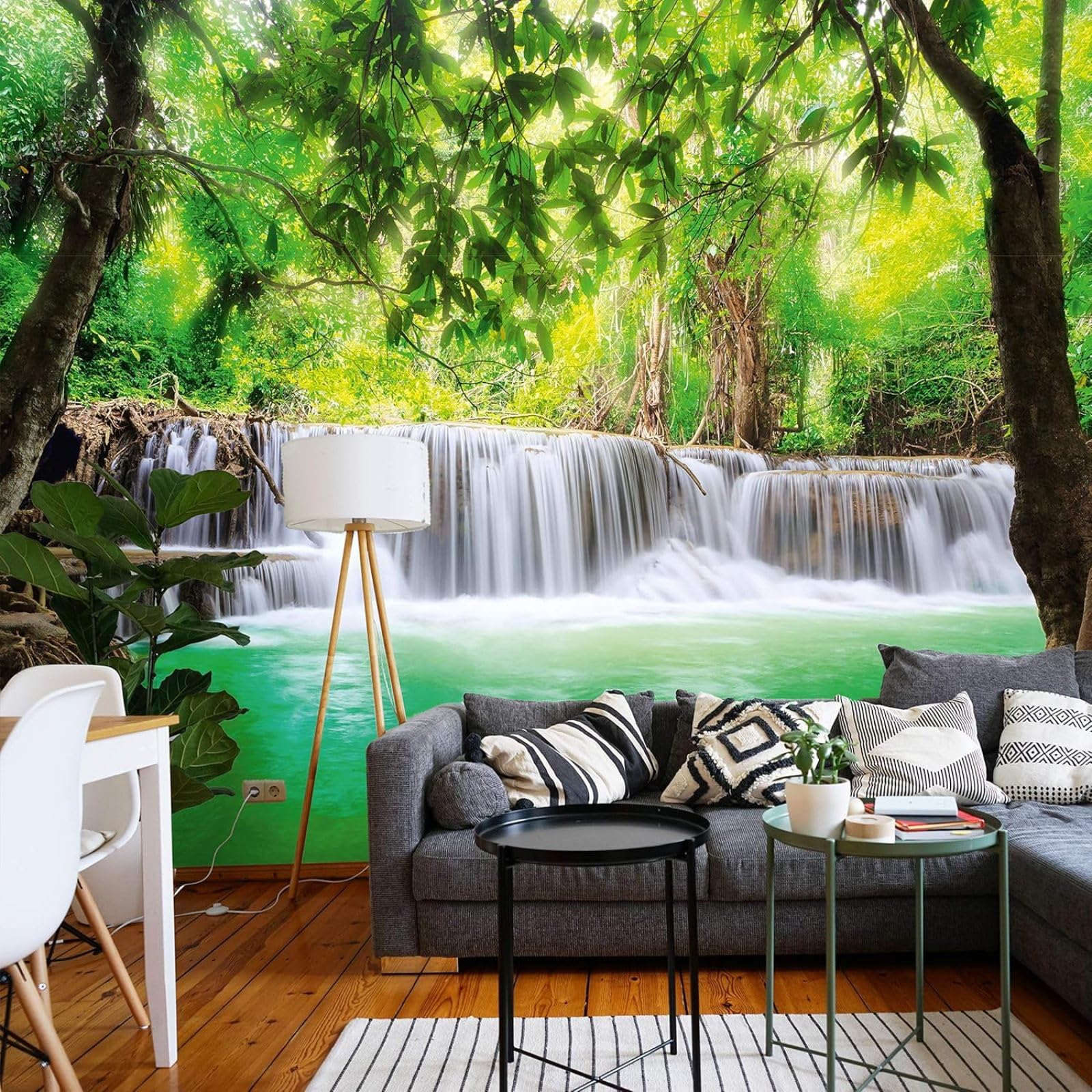 Papier peint photo cascade 3D en forêt de bambou pour salon, poster mural géant 300x210 cm