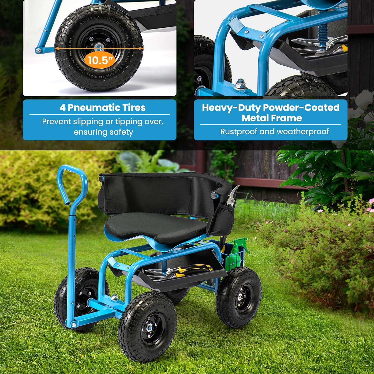 Giantex Rolling Garden Cart, 360 Swivel Workseat with 4 Wheels, Removal Cushion & Tool Tray, Storage Basket, Gardening Wagon Scooter with Adjustable Height, Handle (Blue)