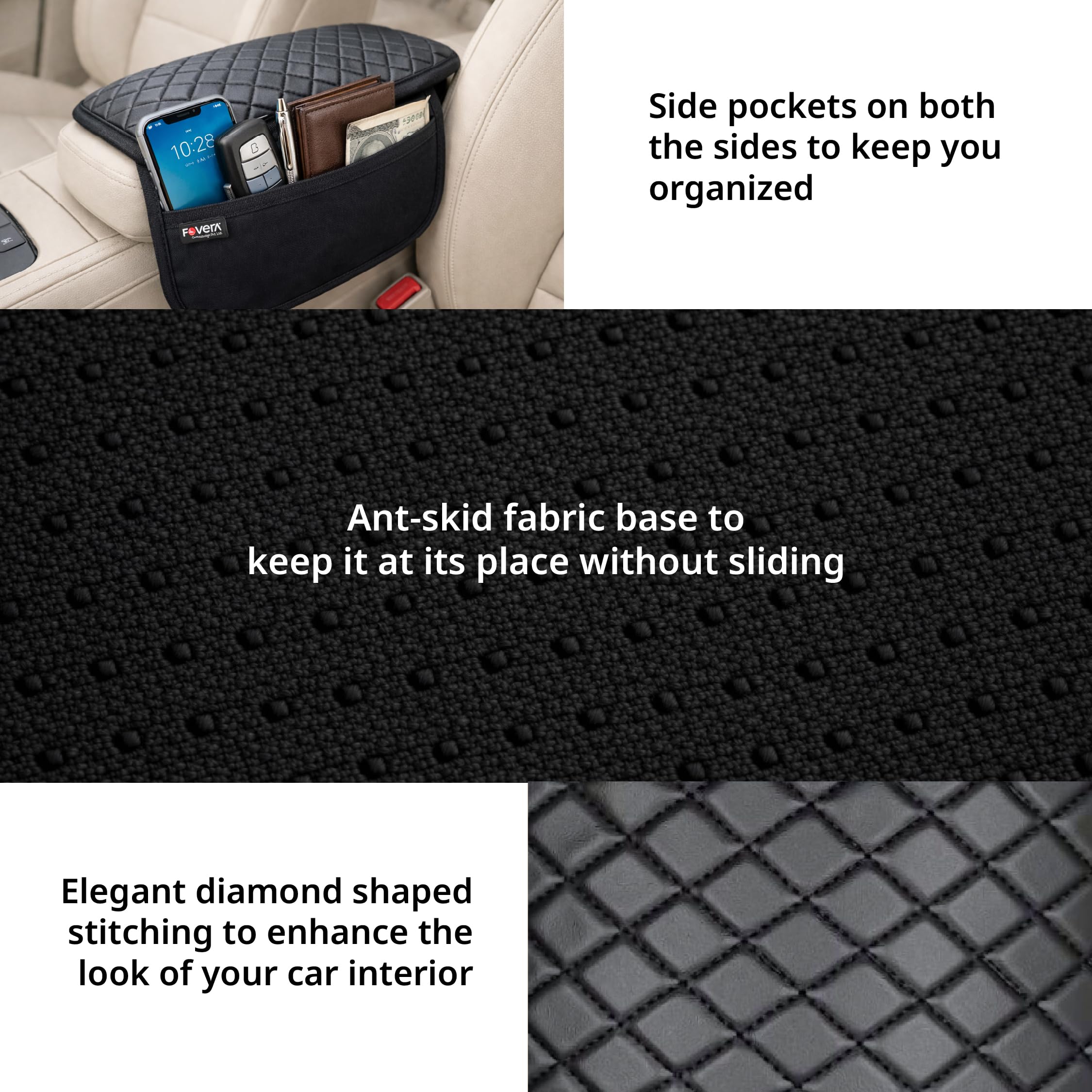 FOVERA Car Armrest Pad PU Foam Cushion with Premium Rexine Cover for Comfortable Driving | Ergonomic Center Console Armrest Support for Cars | Soft & Durable Padding for Long Drives, Black 2