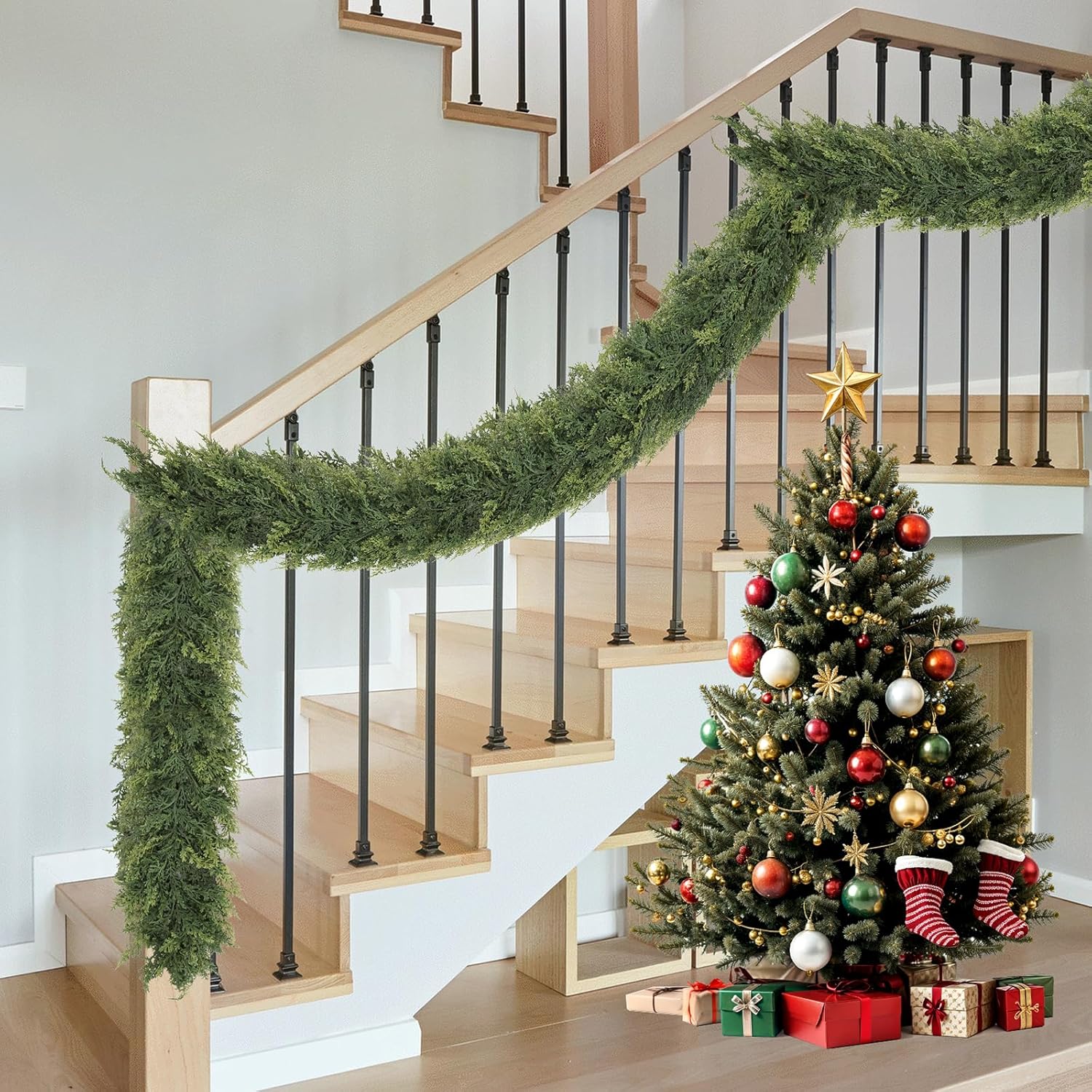 3 Pcs 6FT Christmas Cedar Garland Artificial Realistic Faux Green Cedar Pine Garland Real Touch Christmas Garland for Xmas
