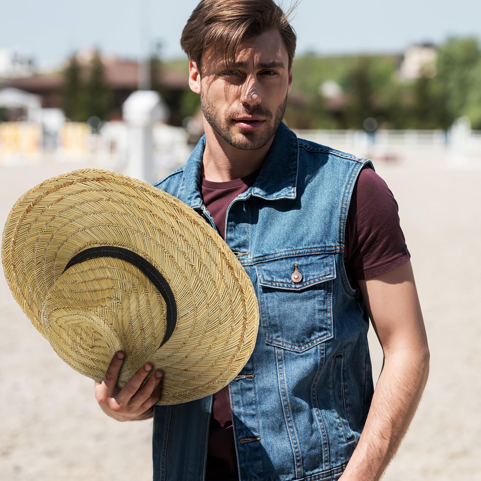 Baluue Sombrero de Sol para Hombre ala Ancha L 58-60 Cm Sombrero de Playa Ligero de Paja Protección UV para Exteriores, Viaje y Vacaciones Verano