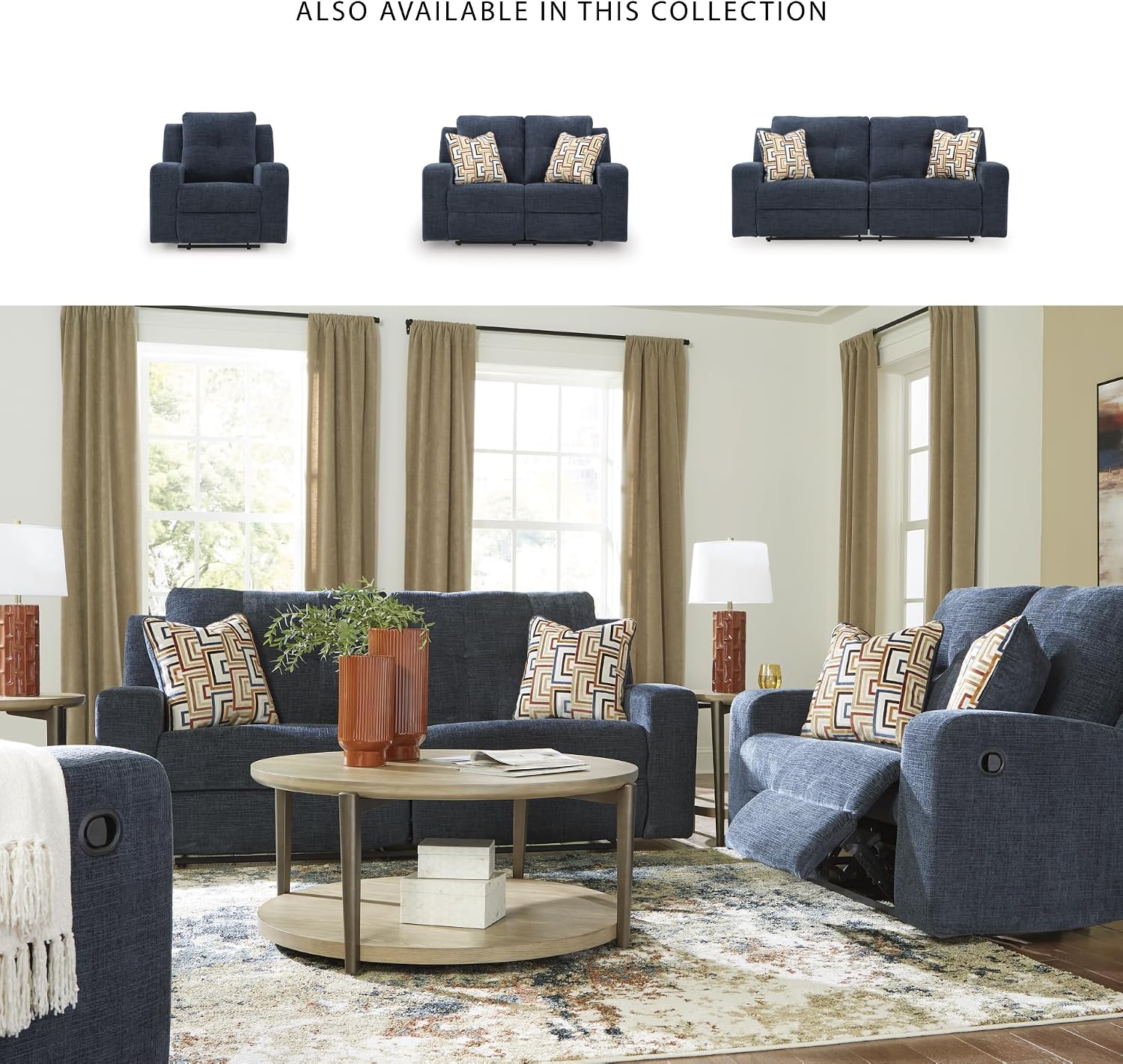 BOWERY HILL Modern Polyester Reclining Loveseat, Blue Upholstery, 64" W x 40" D x 41" H, Tufted Back, Metal-Reinforced Seat, Corner-Blocked Frame, Living Room Seating for 2