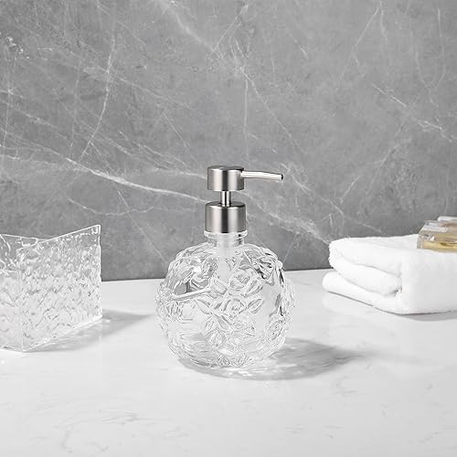 Miniatura 6 de Dispensador de jabón de vidrio floral transparente, dispensador de jabón recargable para baño, cocina y encimera, diseño elegante y duradero,