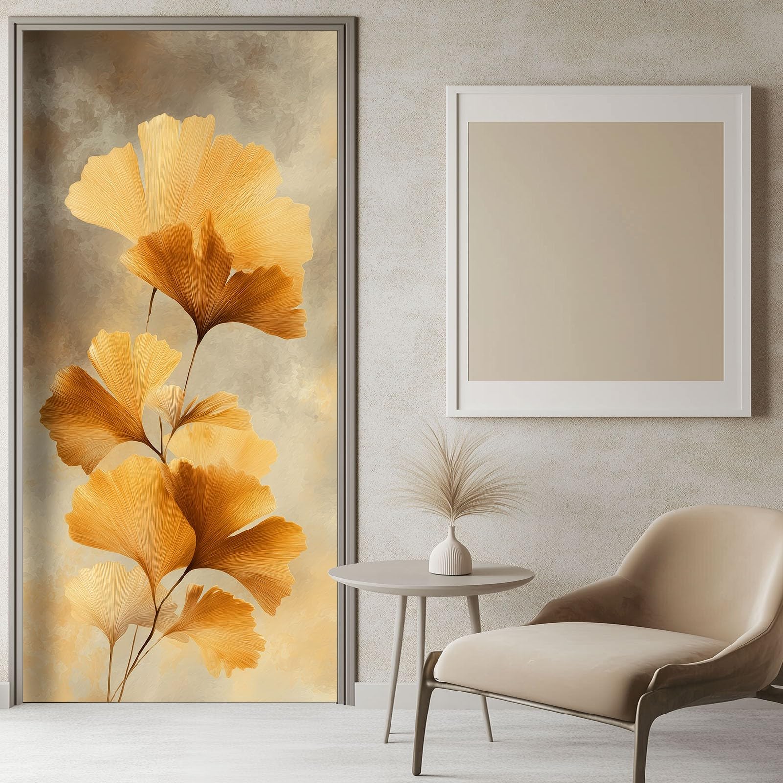 Stickers porte 3D ginkgo orange auto-adhesif de decoration