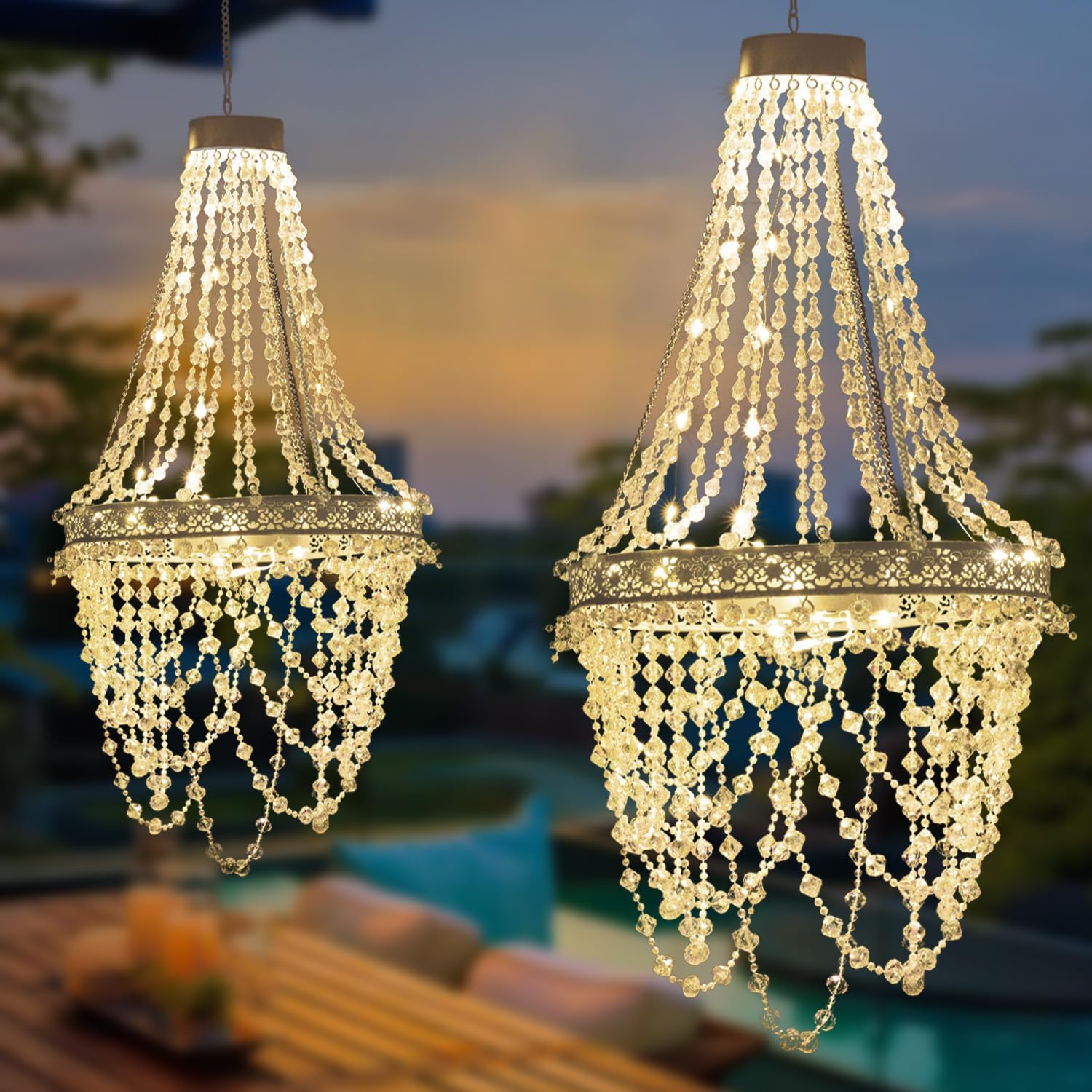 Solar Hängeleuchte Kristall Kronleuchter LED Solarlampe für Außen, Wasserdichte Gartendeko