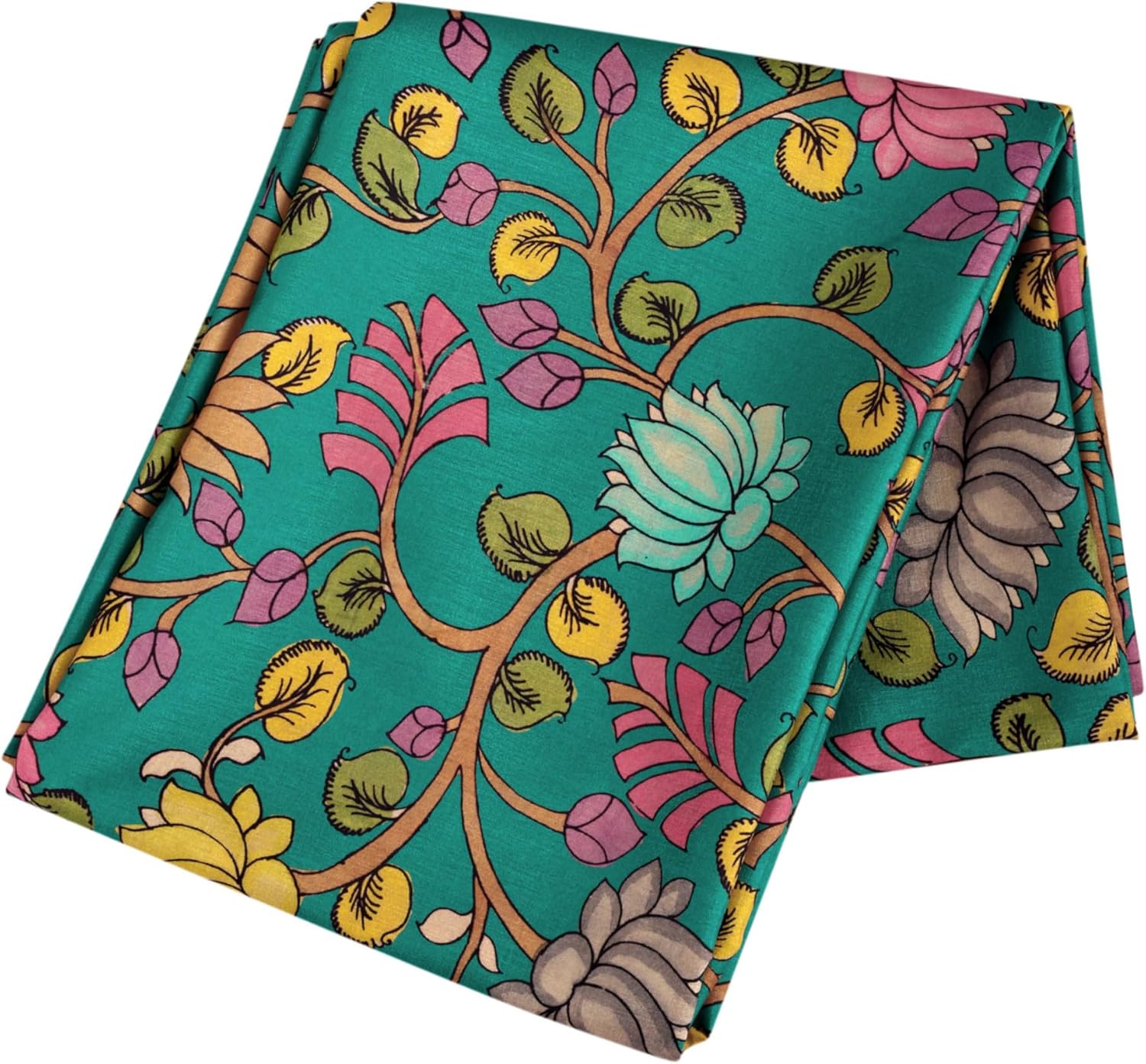 Premium Bohemian Floral Faux Silk Fabric by The Yard | Lightweight Ethnic Indian Print (Kalamkari Style) for Sewing, Dressmaking, Crafts & Home Décor (3 Yard pre Cut, Kalamkari Pattern 10)