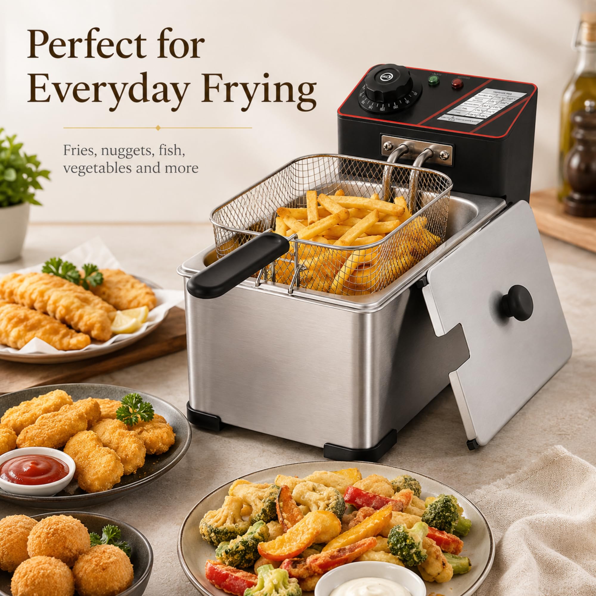 Friteuse Professionnelle en Acier Inoxydable, Capacité 3L | Compacte, Panier Amovible, Température Réglable, Pour Maison, Cuisine, Bar et Snack