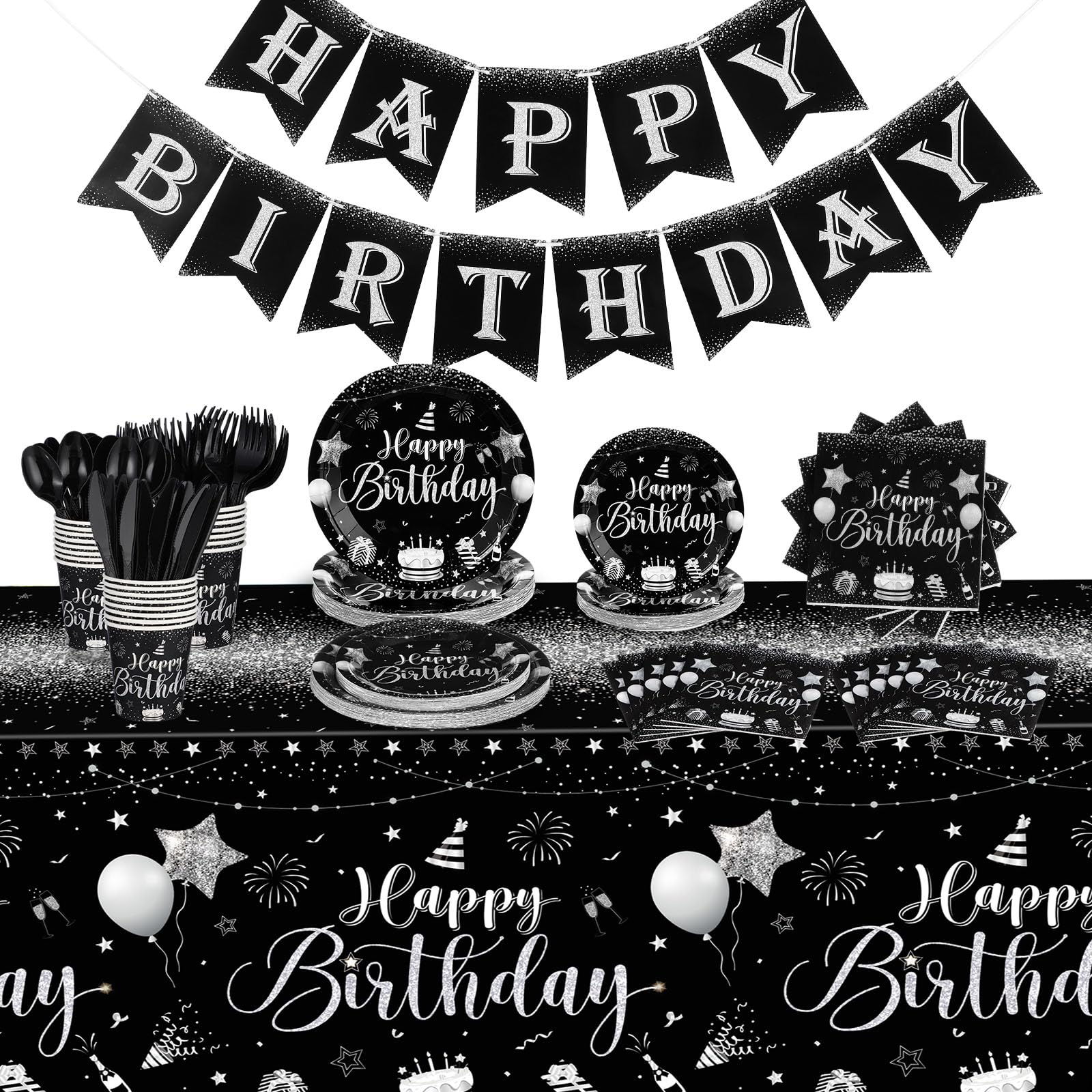Vesici 171 Pcs Happy Birthday Party Supplies 24 Set Disposable Party Tableware include Plates Cups Napkins Cutlery and Banner Tablecloth Birthday