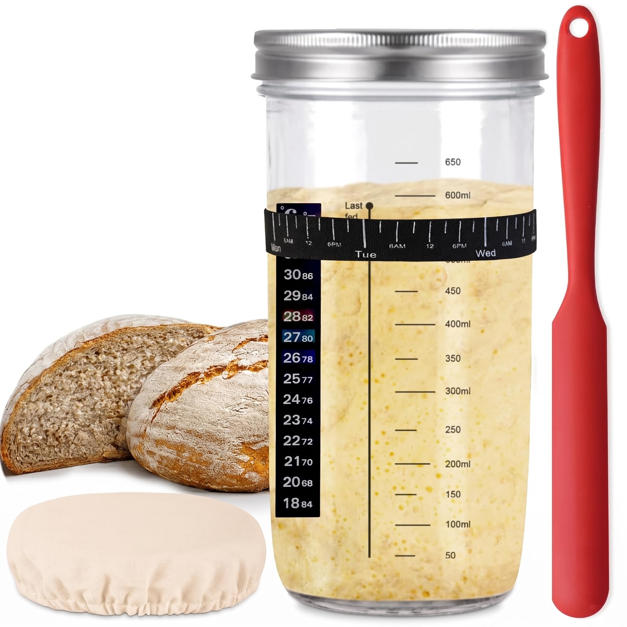 Sourdough Starter Jar Kit, 650ml Sourdough Starter Jar With Thermometer, Silicone Scraper, Cloth Cover And Aluminum Lid.-image-2