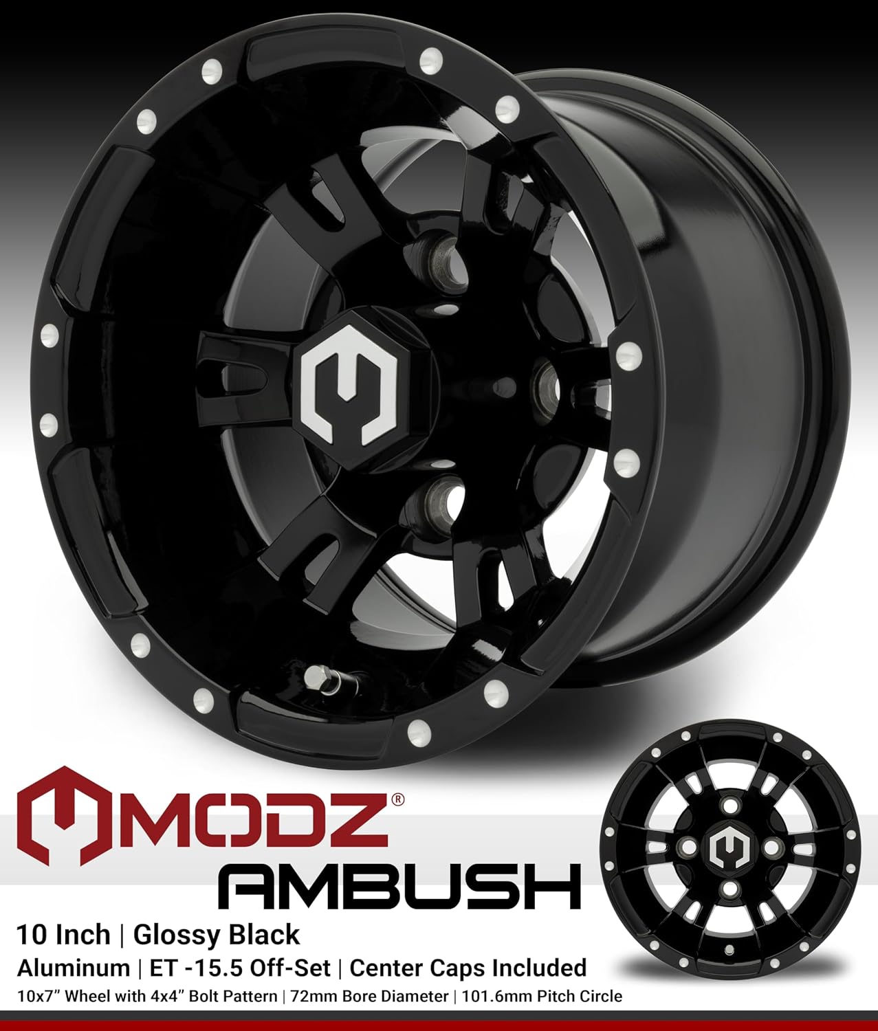 MODZ® Ambush Glossy Black 10" Golf Cart Wheels and Arisun Cruze (205/65-10) DOT Low Profile Golf Cart Tires Combo - Set of 4