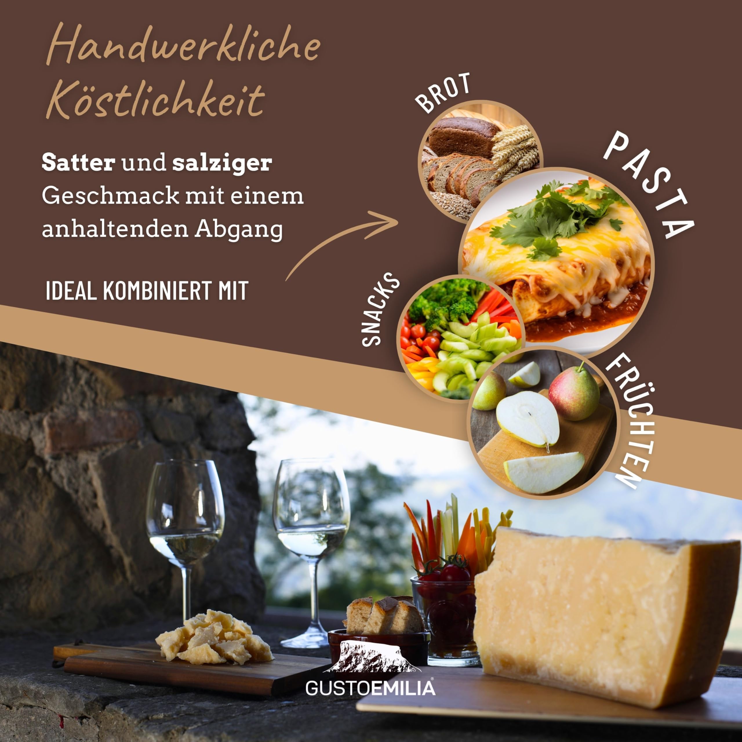 GUSTOEMILIA Berg-Parmigiano Reggiano Käse 36 Monate gereift - Ideal für Pasta, Brot, Salate, Snacks und Früchte - Italienischer gereifter Parmesan Käse 2,2 lb (1 kg)