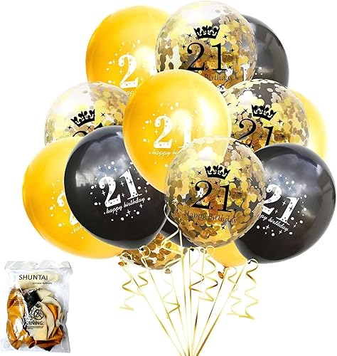 Miniatura 2 de Globos de cumpleaños número 21 de SHUNTAI, decoraciones de cumpleaños número 21 en negro y dorado para él o ella, globo de confeti de látex dorado,