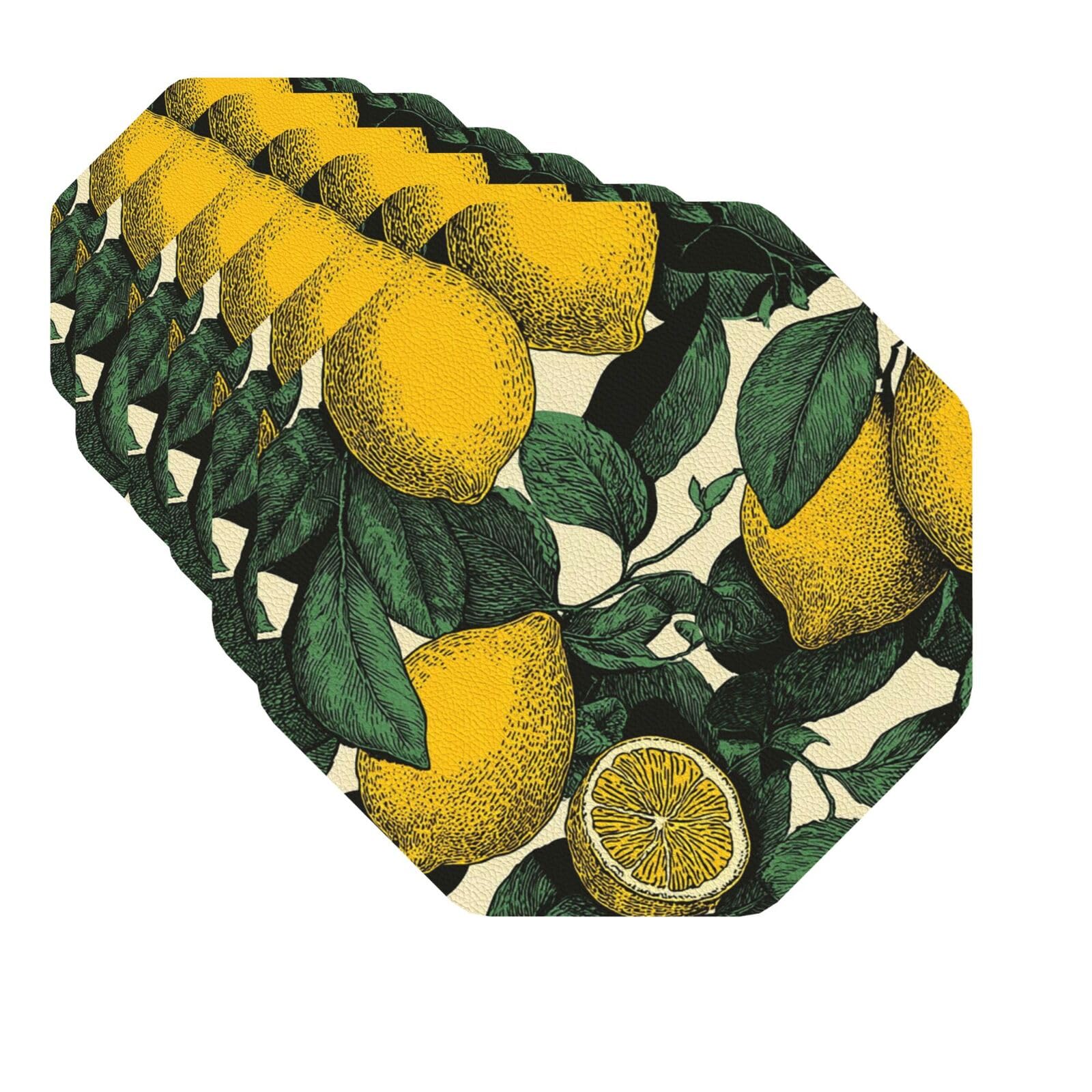 Mxzerfkgla Octagon Drink Coasters Set Of 6 Decorative Leather Coasters Lemon Fruit Pattern Coasters For Drinks Cups Mugs Mat Pads Absorbent Non-Slip Coasters For Coffee Table Kitchen Bar Home Decor