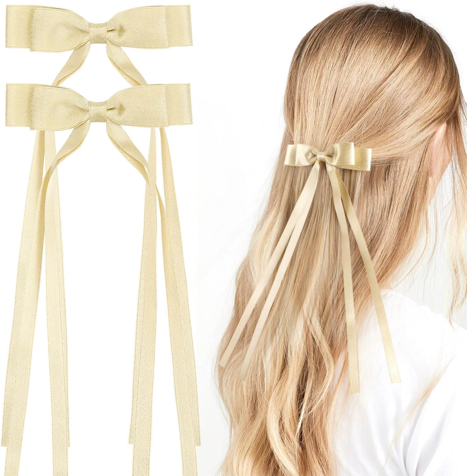 Tazweeq 2PCS Hair Bows, Tassel Ribbon Bowknot Hair Clips Barrettes, for Girl with Small Long Tail Solid Satin Hair Accessories, for Women Girls (Gold-Glitter)