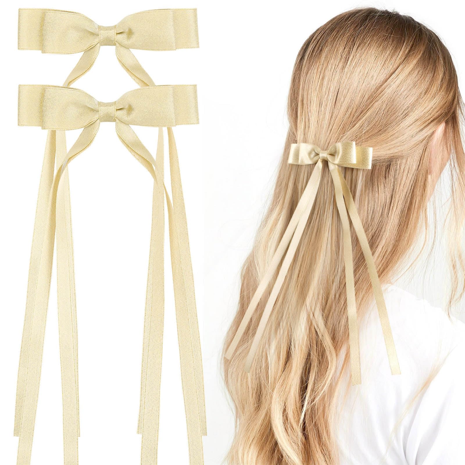 Tazweeq 2PCS Hair Bows, Tassel Ribbon Bowknot Hair Clips Barrettes, for Girl with Small Long Tail Solid Satin Hair Accessories, for Women Girls (Gold-Glitter)