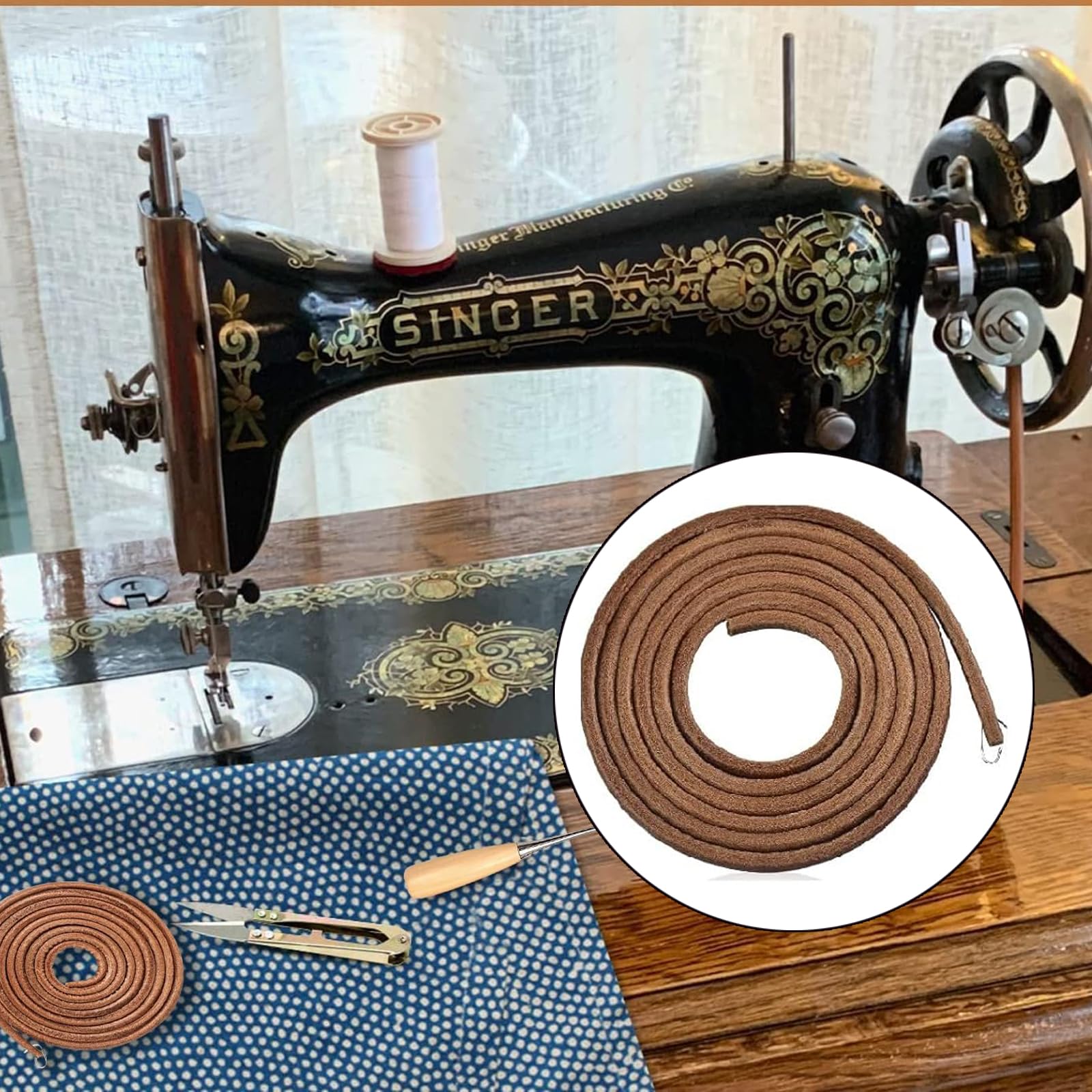 Courroie En Cuir Pour Machine à Coudre Ancienne - 183cm X 4.5mm - Avec Crochet - Cuir De Vache