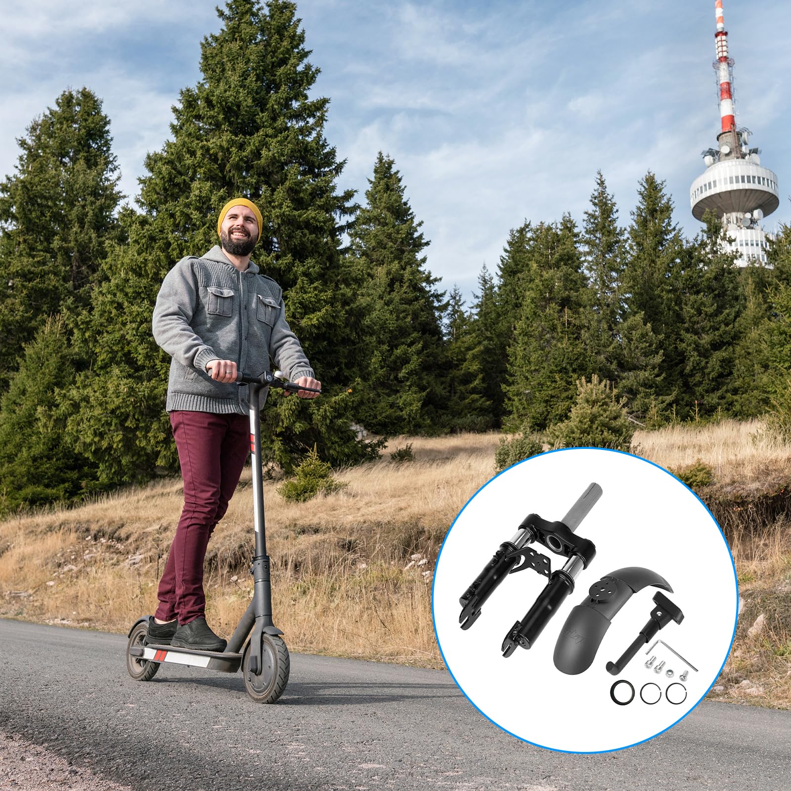 Aisny Forcella Ammortizzata per Monopattino Elettrico, Kit di Sospensione Anteriore per Segway Ninebot F20 F25 F30 F40 F40i F65 D18e D28e D38e D40x con Cavalletto Parafango E Accessorio Parafango