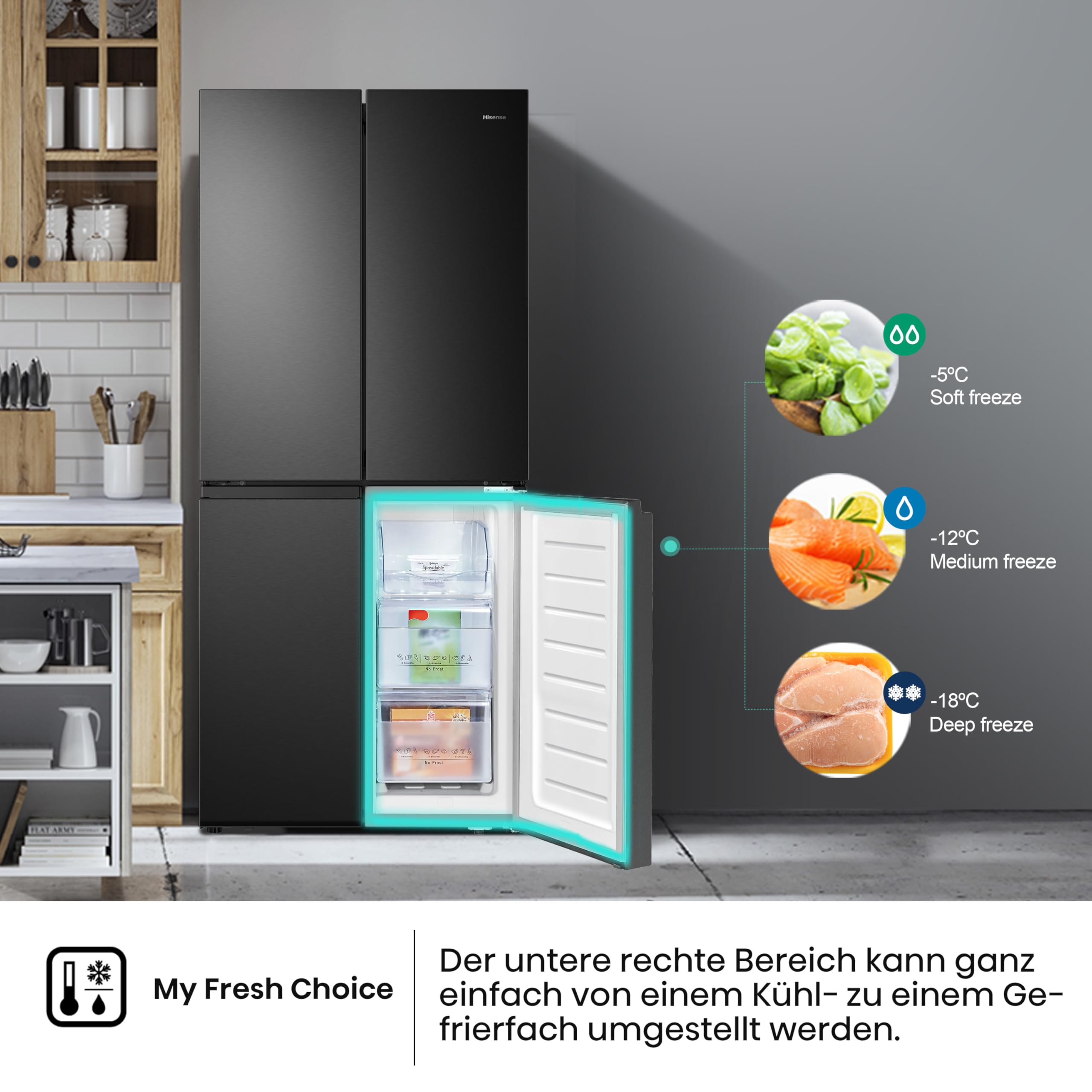 Hisense RQ563N4SF2 Cross Door Kühl-Gefrierkombination/ NoFrostPlus/ Inverter-Kompressor/ HolidayMode/ SuperCool/ 181 cm/ Kühlteil 294 l/ Gefrierteil 160 l/ 40 dB/ 279 kWh/ Jahr/ Schwarz