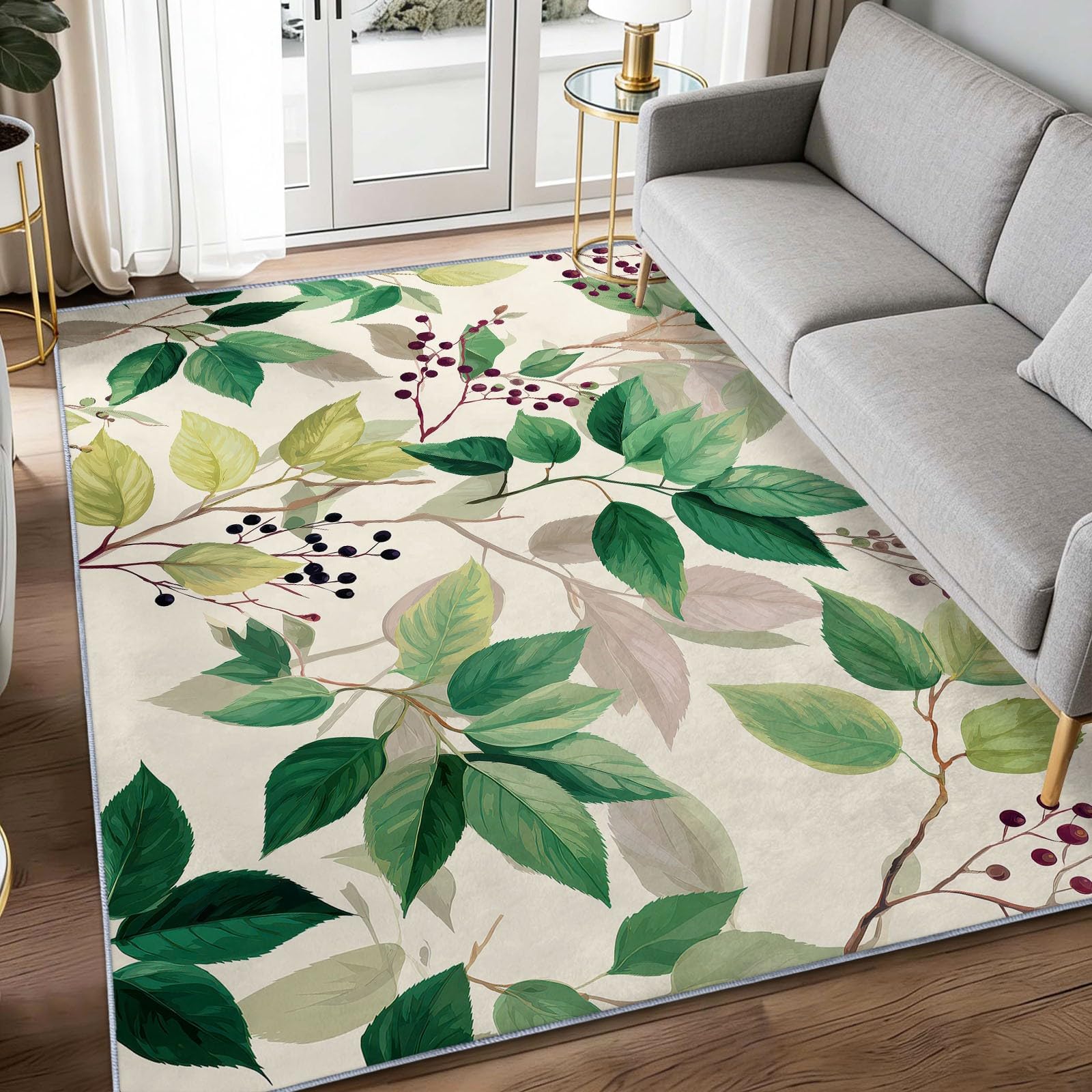 Vert Sauge Tapis Salon 140 x 200 cm, Lavable Minimaliste Aquarelle Plantes Feuilles Tapis à Faible Poil Doux Chambre à Coucher Antidérapant pour Salle à Manger Chambre d'enfants Bureau à Domicile