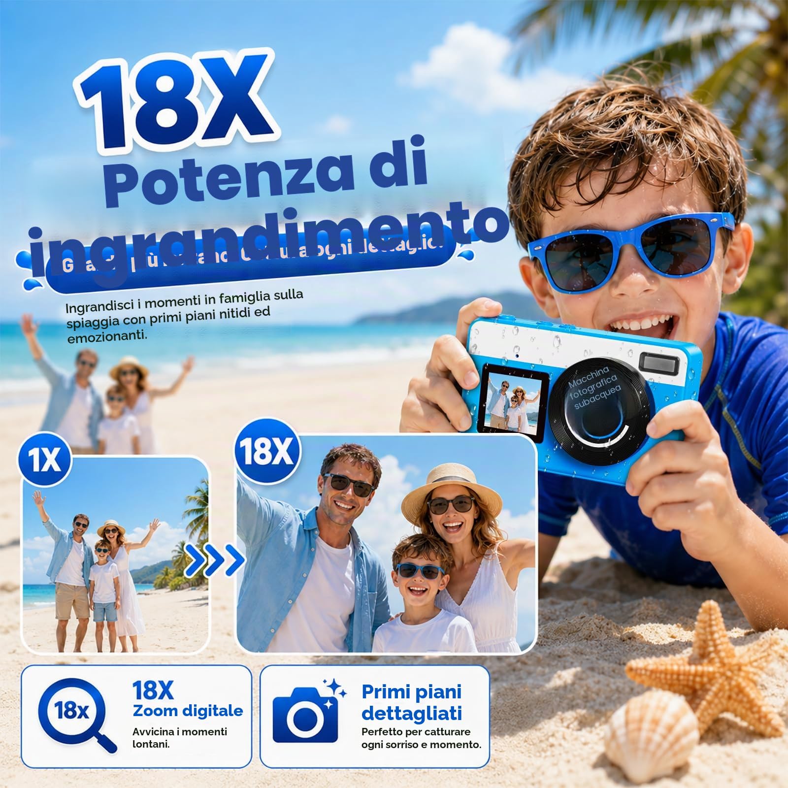 Maxmango D70 Fotocamera Subacquea 4K 48MP, Macchina Fotocamera Impermeabile 10FT per Piscina Spiaggia, Doppio Schermo Autofocus Zoom 18X, Macchina Fotografica Regalo per Ragazzi e Adulti, 32GB, Blu