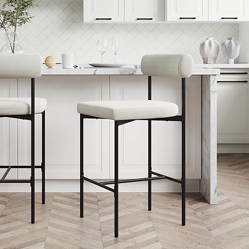 Miniatura 35 de Nathan James - Dahlia - Silla alta, moderno taburete alto con respaldo, patas de metal estilo mediados de siglo y cojín acolchado de piel, para