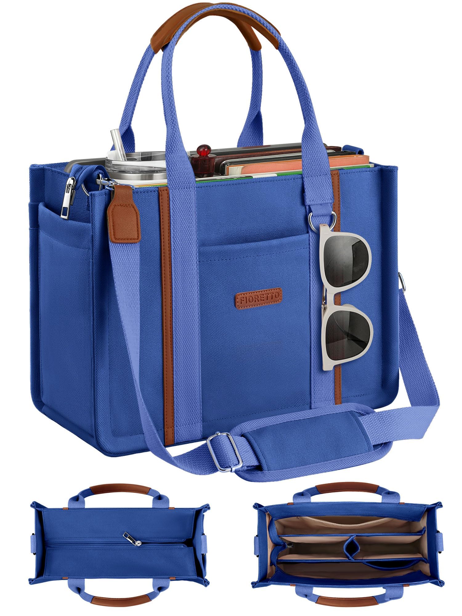 FIORETTO Womens Canvas Tote Bag Purse with Zipper Multi Compartment Reinforced Bottom Ideal for Work Bible Travel