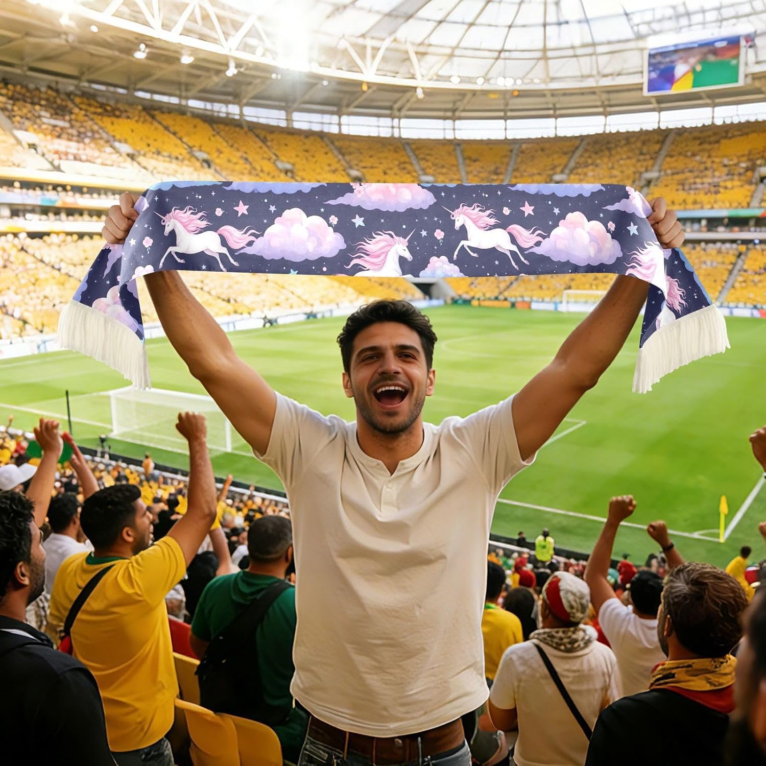 CHIFIGNO Unicorns Clouds Flowers Sports Fan Scarf Towel, Soft Soccer Scarf for Game Day, Quick Dry Polyester, Double Sided Print