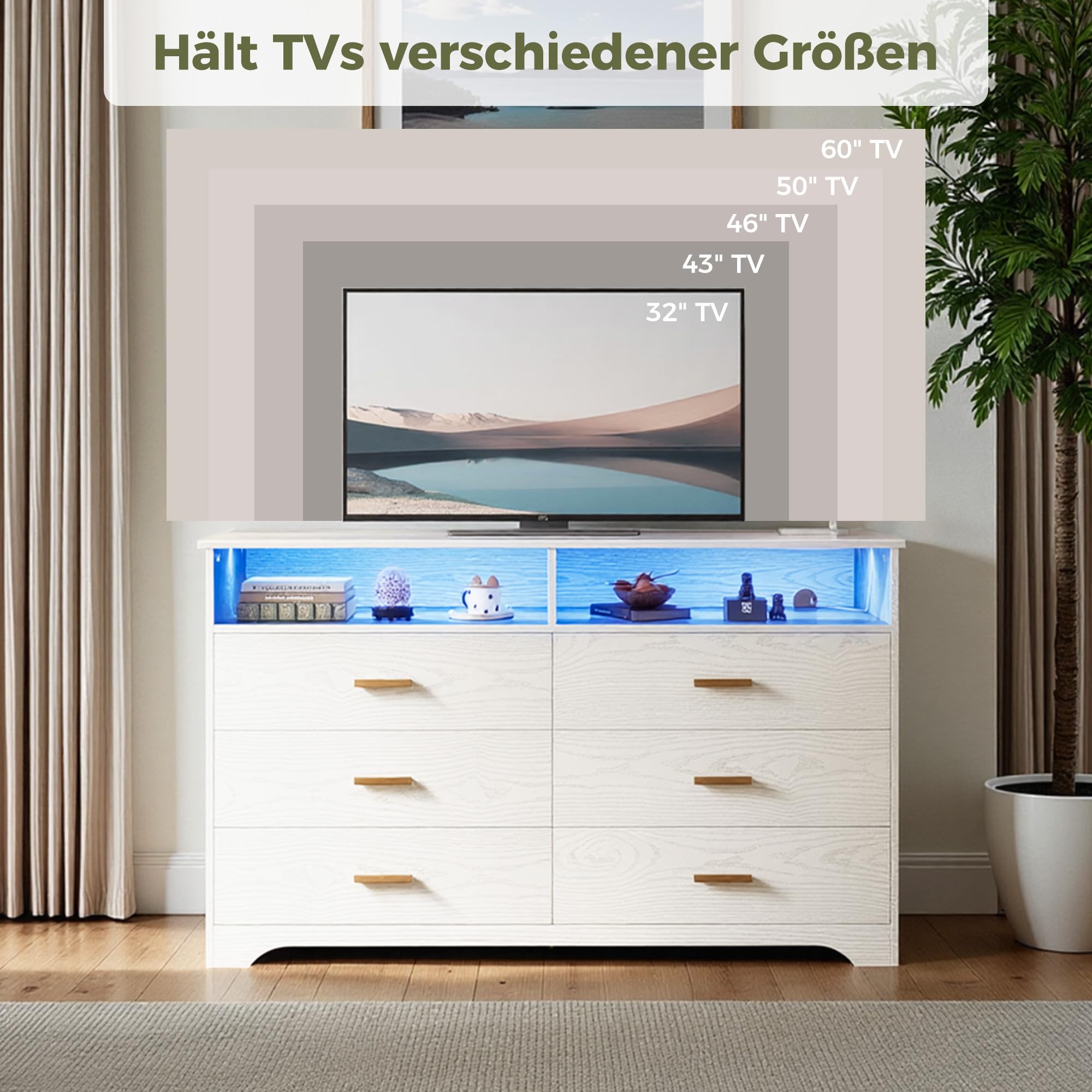 IRONCK Kommode Weiß, Komodenschrank mit LED-Lichtleiste und 2 Steckdosen, Schubladenschrank mit 6 Schubladen und 2 Fächer für Wohnzimmer, Schlafzimmer, Holz, 40 x 150 x 94.7 cm