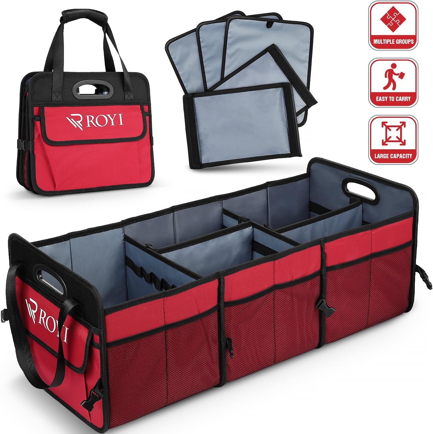 ROYI Car Trunk Organiser, Large Collapsible Sturdy Boot Storage with Bonus Detachable Toolkit, Multi-Compartment Pockets 2-IN-1 Handle Non-Slip Strips for Shopping