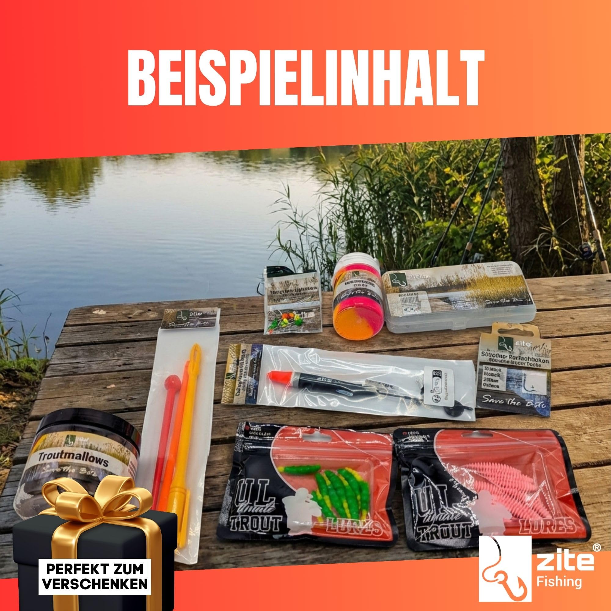 Zite Fishing Wundertüte Forelle XL | Geschenke für Angler - Forellen Überraschungsbox mit Angelzubehör, Kleinteilen & Ködern - Angel Sachen, Angel Geschenk Angel-Mystery-Box Geschenk Angler Wundertüte