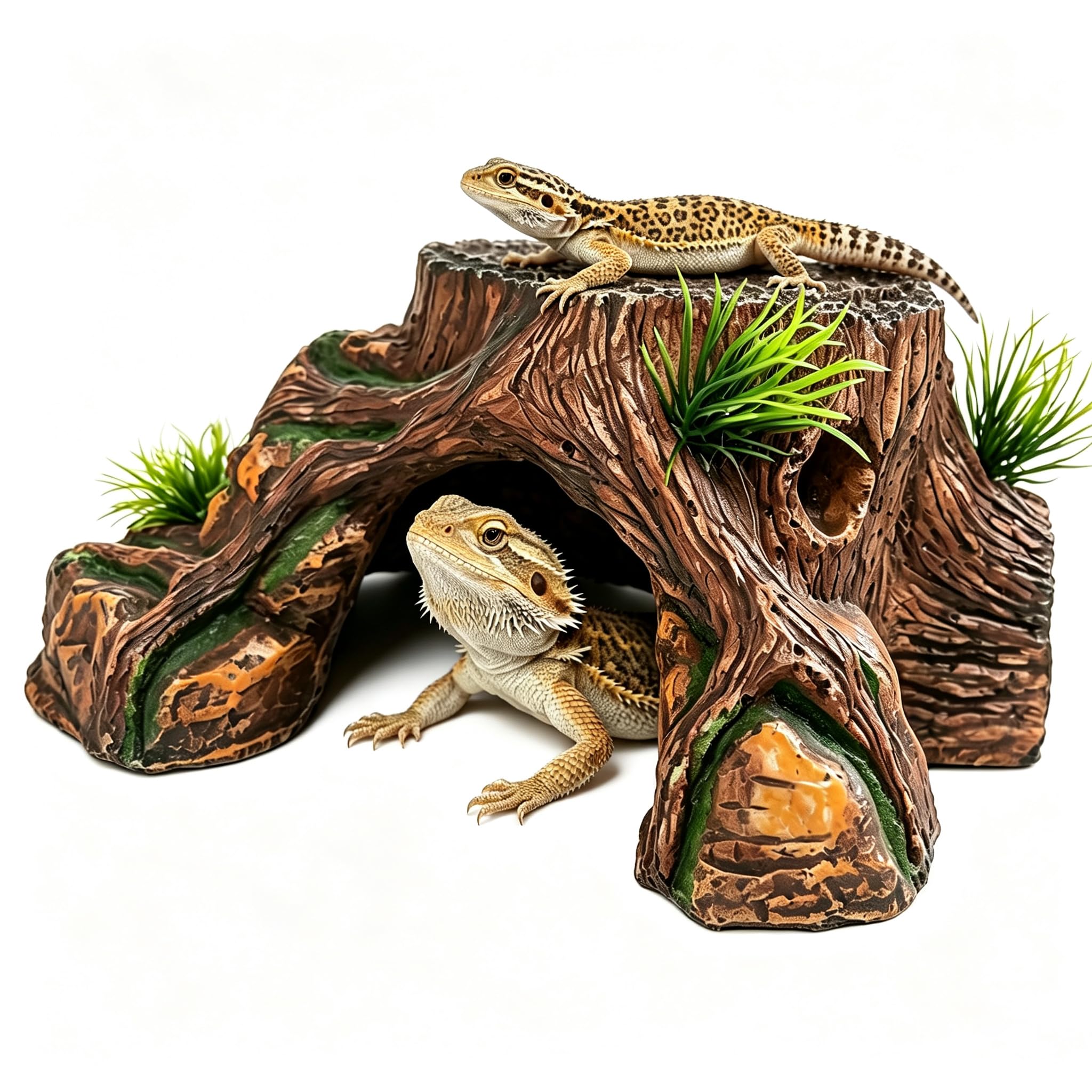 Bearded Dragon Tank Accessories, Bearded Dragon Hide Cave with Basking Platform, Simulated Rock Tree Stump Terrarium Decoration, Suitable for Lizards, Snakes ande Turtles