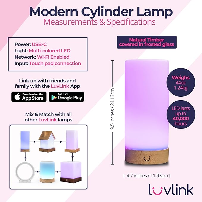 LuvLink LuvLink Cylinder Friendship Lamp v3 New WiFi Range - Bluetooth - Wood & Glass Design (Natural, Single) photo 3