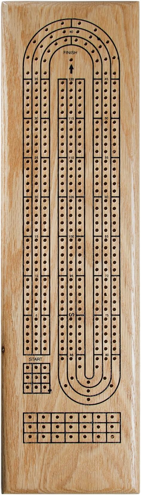 Classic Cribbage Set (Made in USA) - Solid Oak Wood Continuous 3 Track Board with Metal Pegs