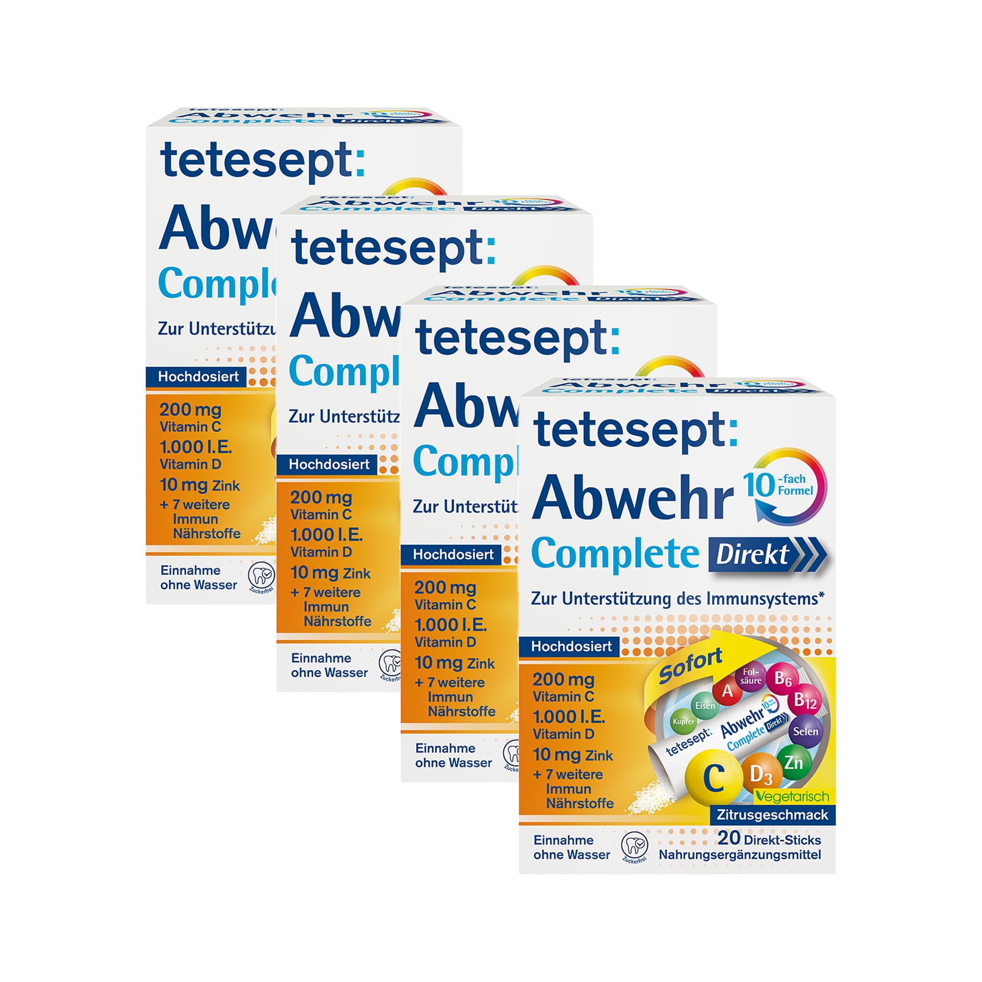 tetesept Abwehr Complete Direkt Sticks, 10fach Formel mit Vitamin C + D3 + Zink & 7 weitere 20 Direkt Sticks Zitrusgeschmack Für Abwehrkräfte, Immunsystem Vegetarisch, laktose-& glutenfrei, 4-er pack