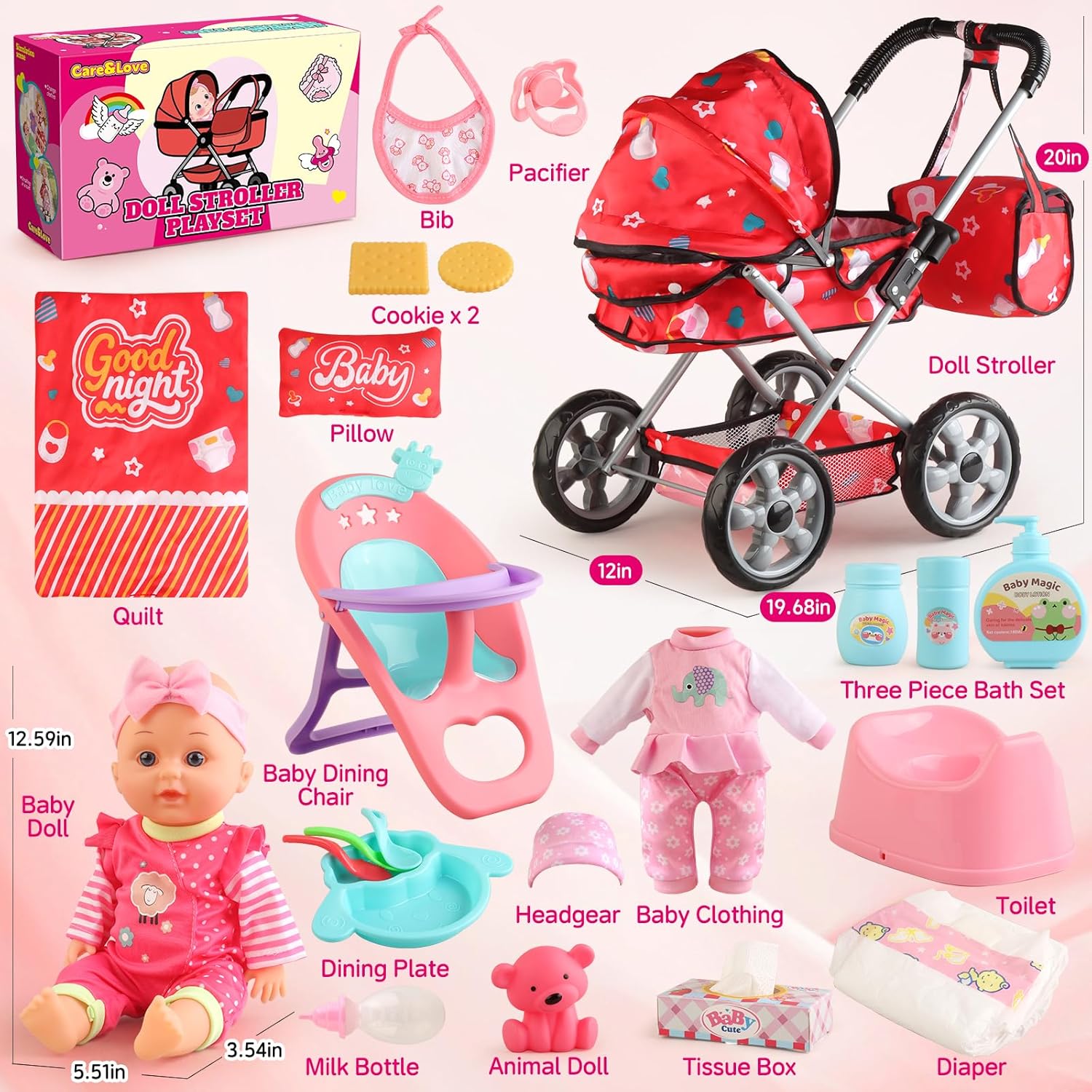 Baby Doll Stroller Set for Toddler Girls 3-5, A 12.5" Babydoll with Baby Doll Accessories, Pillow, Blanket & 2 Sets Clothes, Doll Playset Toy Stroller for Kids, Gift 3 4 5 Year Old Girl Toys