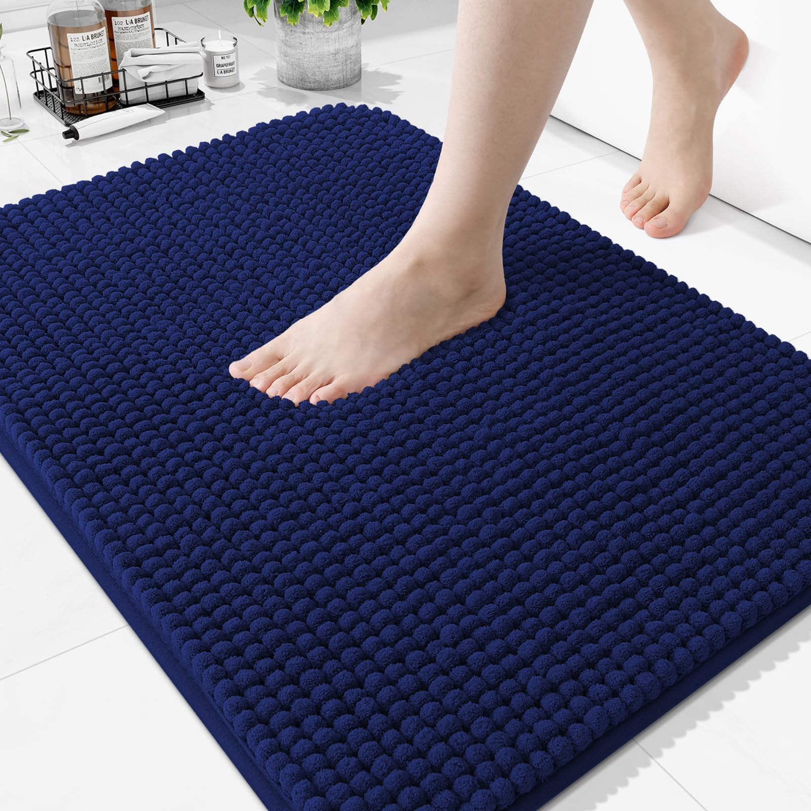 Homaxy Thick Soft Fluffy Bath Mat, Chenille Absorbent Bathroom Mat, Non Slip Bath Mats for Bathroom, Machine Washable Quick Drying Bath Rug, 51×76 cm, Navy Blue — image 1