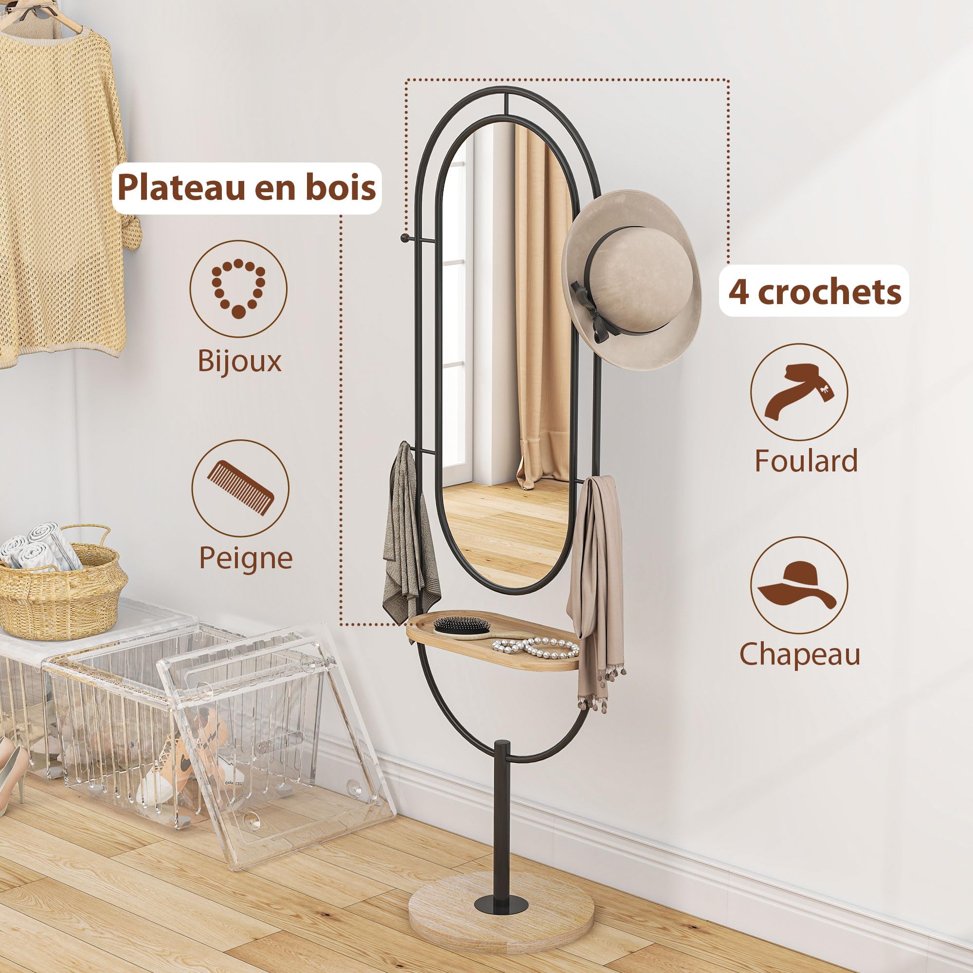 HOMCOM Miroir sur Pied Ovale avec Plateau en Bois 50 x 40 x 175,5 cm Noir