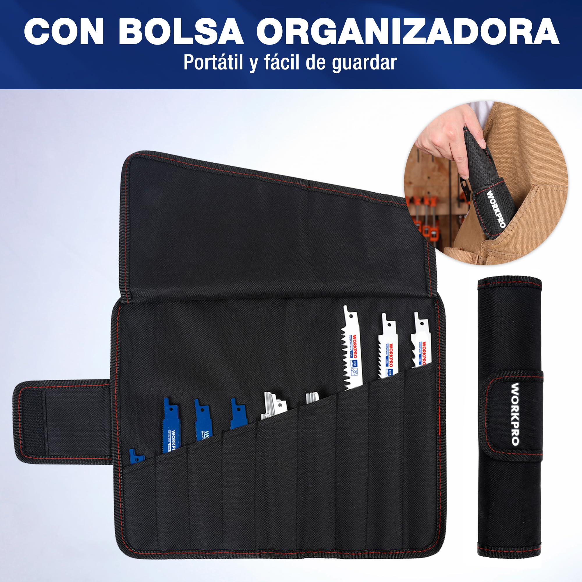 WORKPRO Hojas de Sierra Sable para Madera y Metal 32 Piezas, Cuchillas de Sierra con Bolsa Organizador, para Madera, Metal o Plástico, Ideal para Cortar Ramas