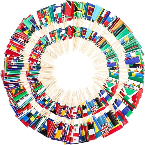 Bokon 1000 banderas de palillos de dientes de 100 países diferentes, banderas internacionales del mundo en palo de madera, impresión de doble cara,