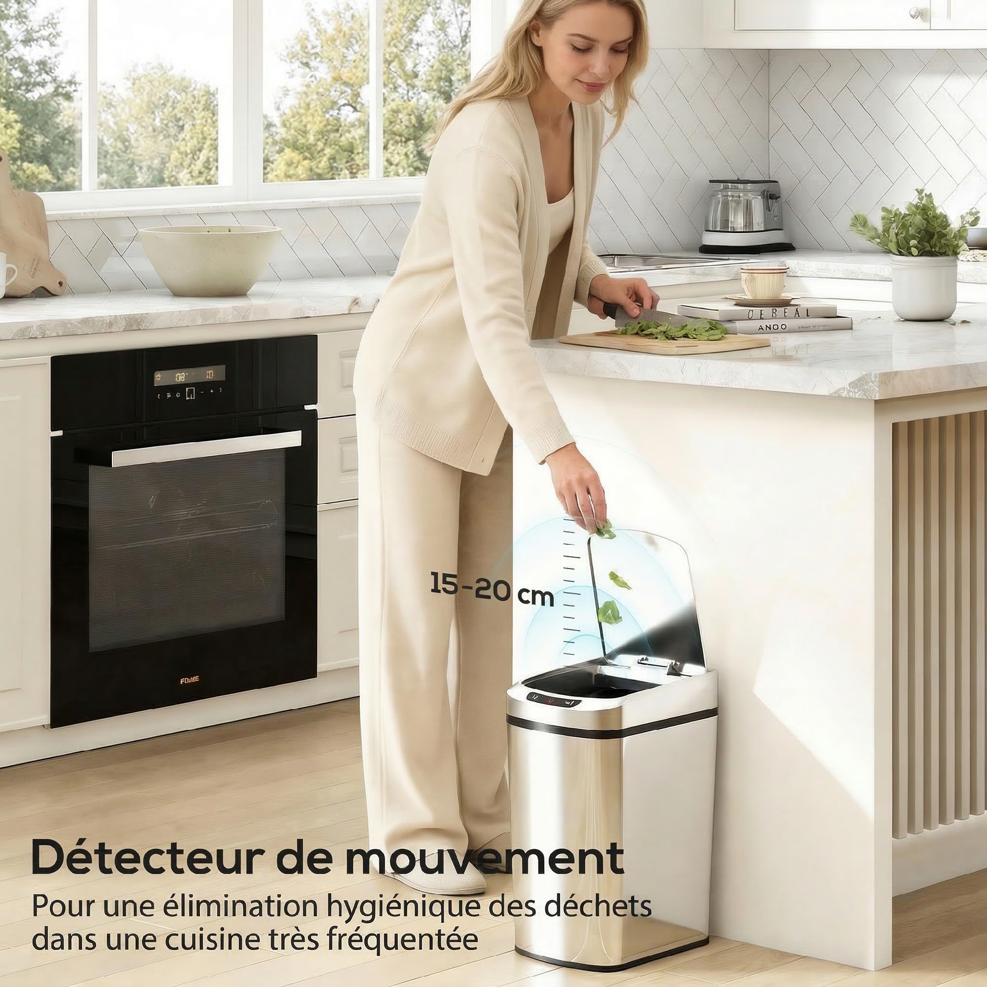 HOMCOM Poubelle de cuisine automatique 12 L en acier inoxydable, poubelle à capteur de mouvement sans contact avec couvercle, anti-traces de doigts, pour maison, salon, bureau, argent