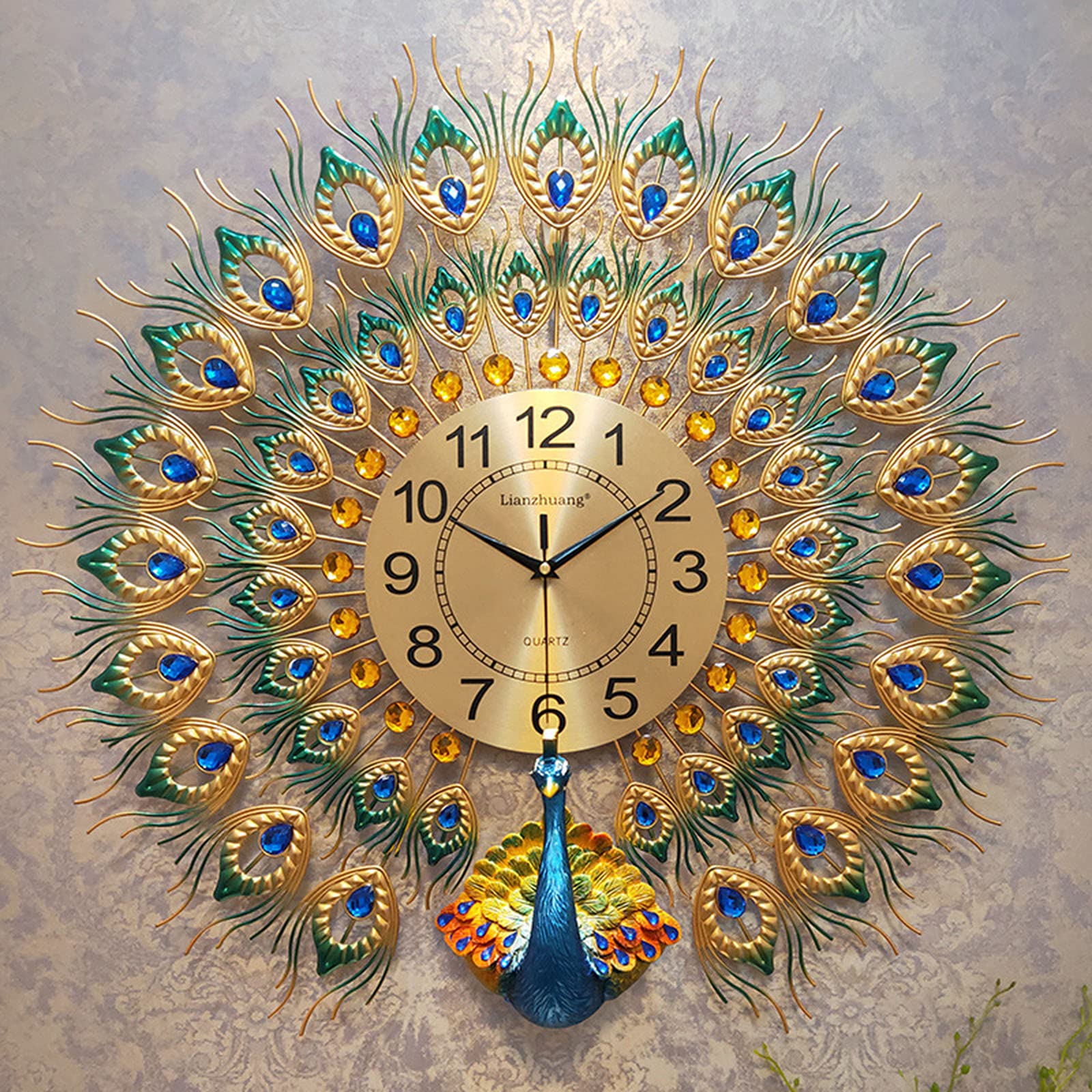 Horloge murale paon européen 70cm grand format en métal doré