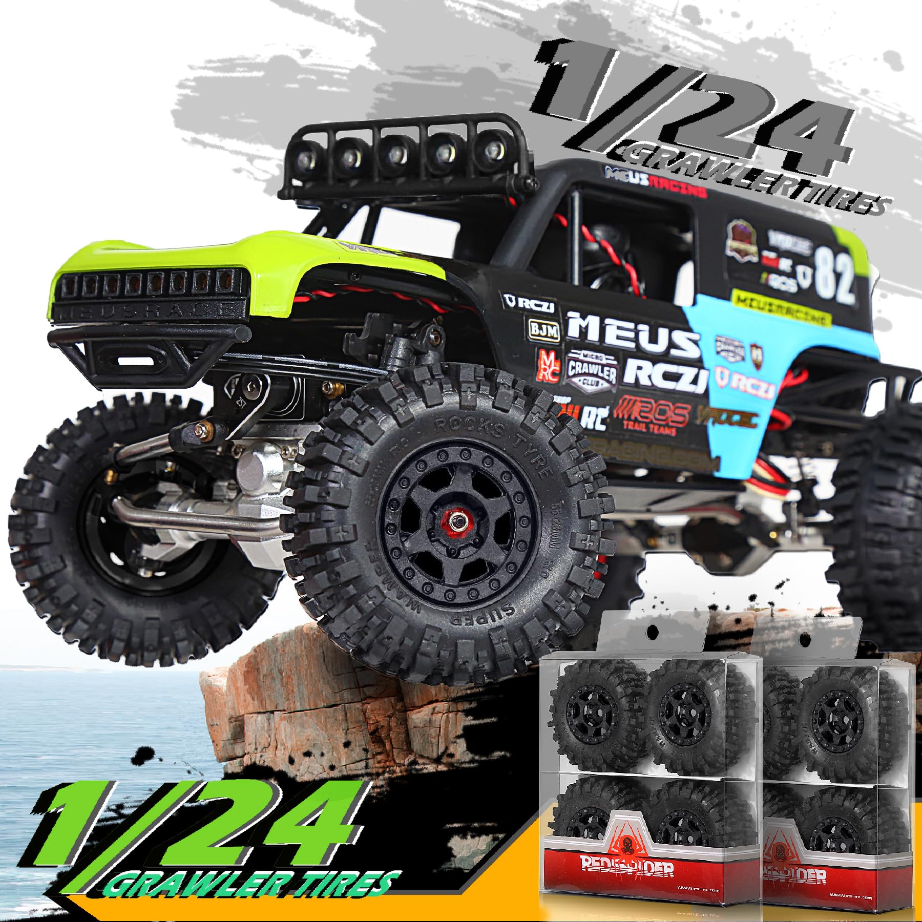 REDSPIDER 1.0 Beadlock Wheels and Tires Set?4pcs? 1.0 Crawler Tires 55 * 23mm Plastics 1.0 Wheel Lightweight Design 1/18 1/24 RC Crawler Tires for SCX24 TRX4M FMS FCX24 FCX18 AX24 (at Tires)