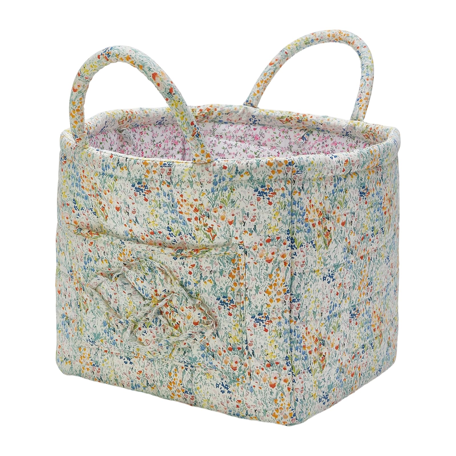 Neaonau Quilted Fabric Storage Basket with Handles & Pocket, Foldable Laundry Hamper Boho Floral Print Organizer Bin for Home, Picnic, Office 12"x10"x10" (A-3)