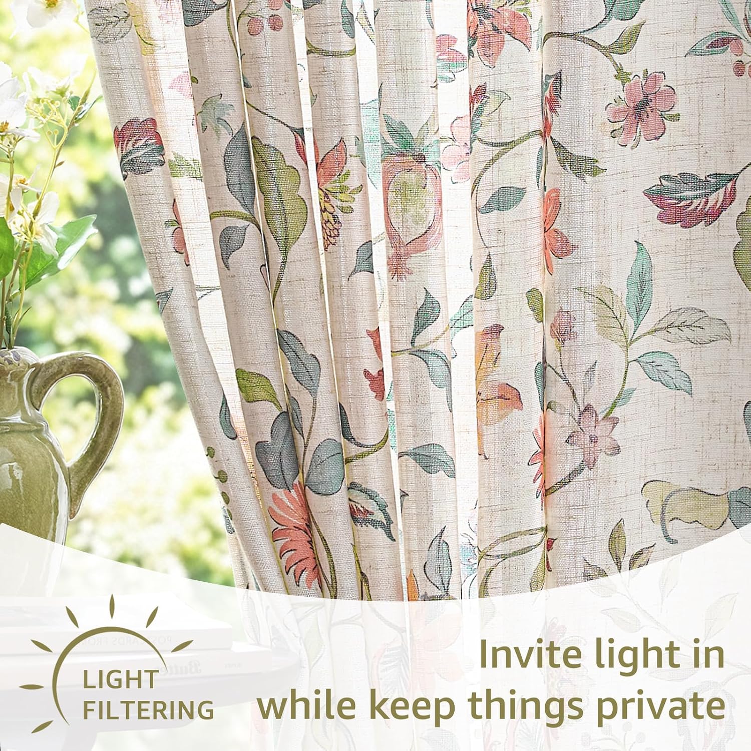 jinchan Hattie Floral Linen Kitchen Tier Curtains Beige 36 in 2 Panels